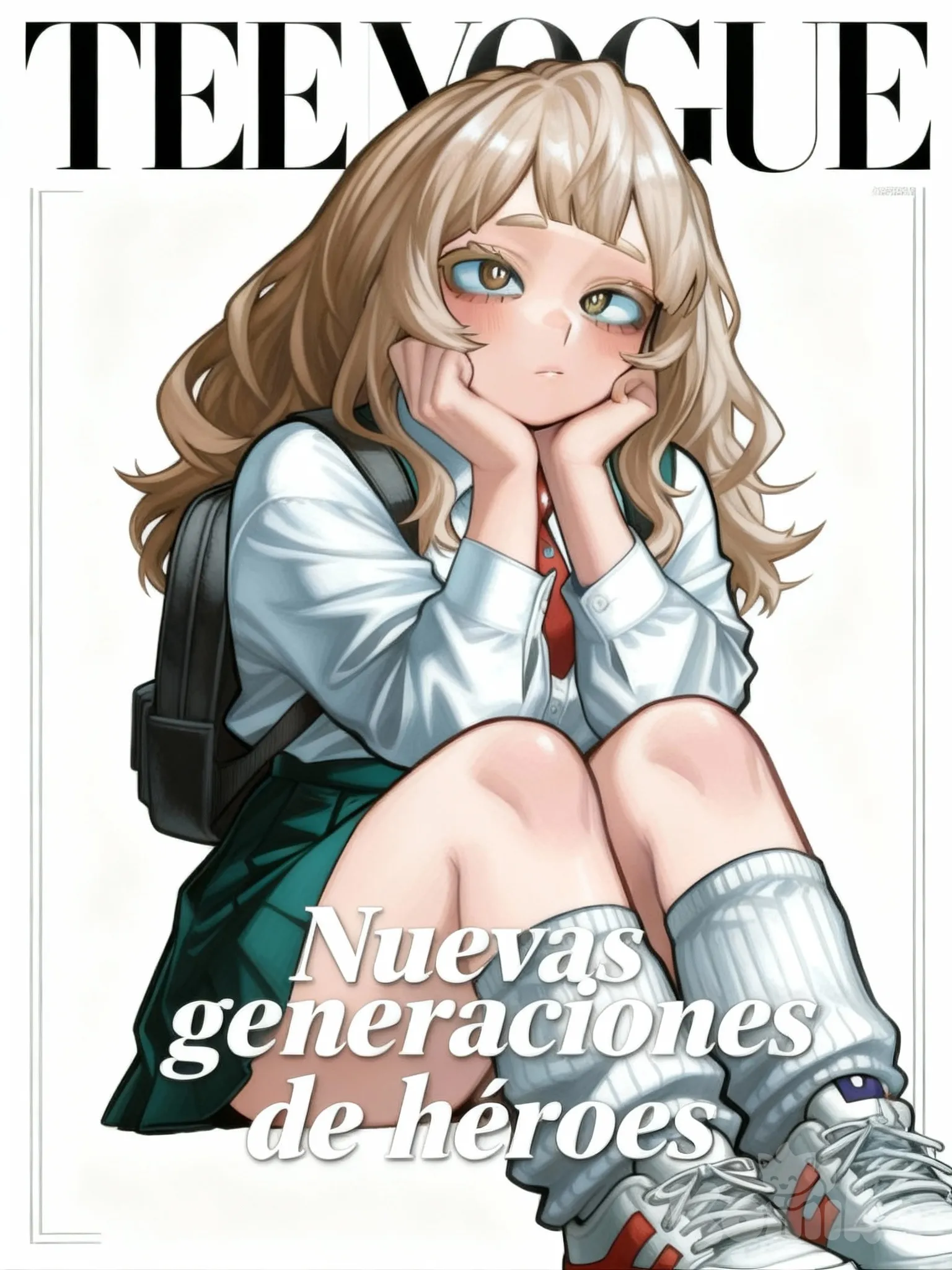 Ai bnha oc photo card, segun esa imagen, no cambies nada, solo ambientala como si fuera una revista de lujo como TEEN VOGUE, la cual digo nuevas generaciones de heroes, y ella este de titular