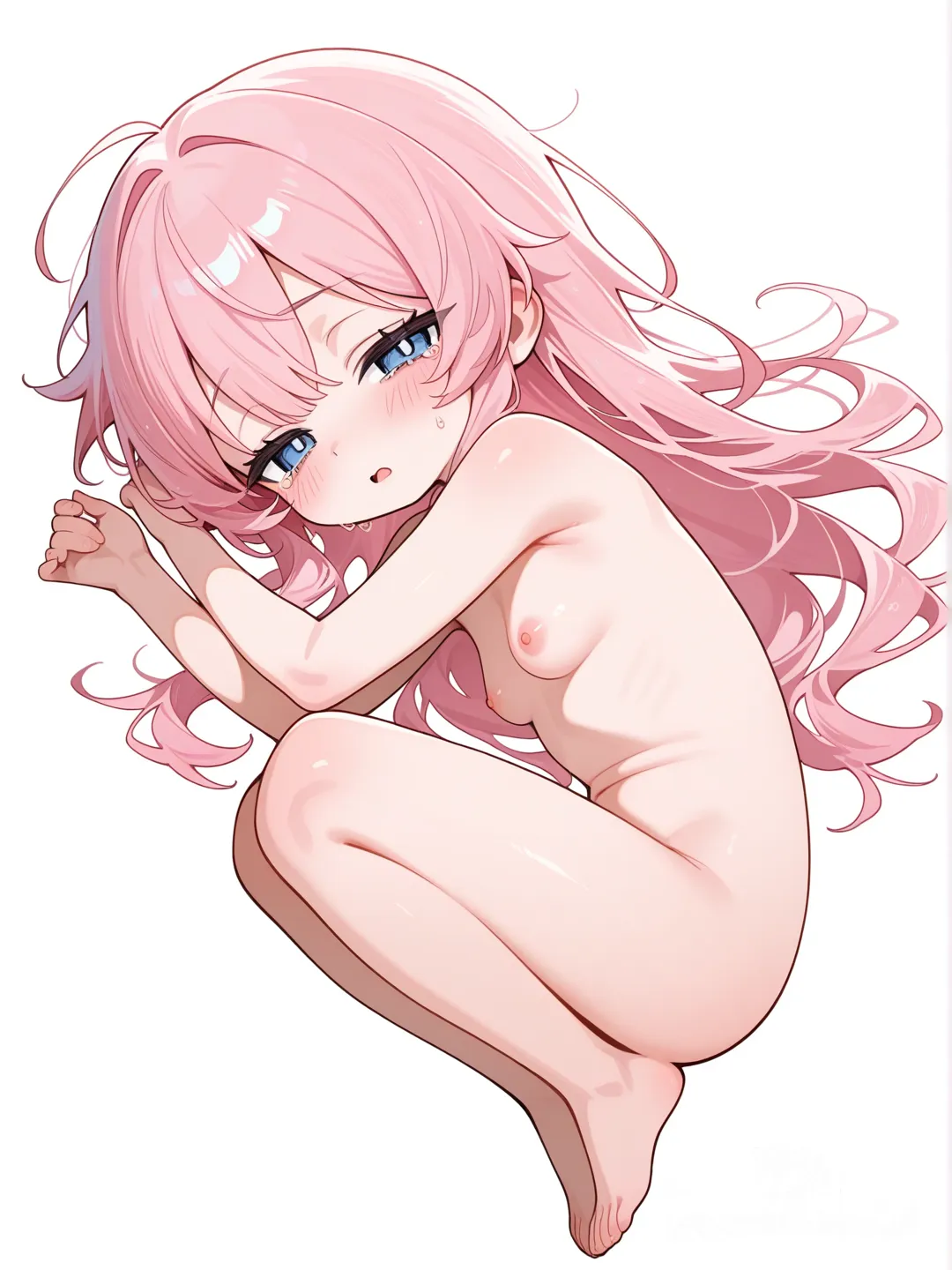 1girl, chibi, pink_hair, long_hair, blue_eyes, large_eyes, nude, small_breasts, nipples, petite, short, curled_up, lying, side_profile, half-closed_eyes, open_mouth, panting, teary_eyes, hands_on_ground, cute, single character, full body, looking at viewer, anime style, simple background, white background