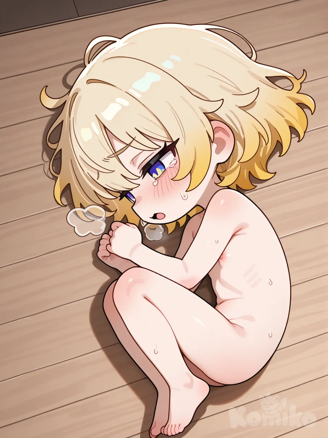 18, 这是一幅Q版风格的2D插画,绘制时增强笔触,使线条富有表现力和粗犷感。角色有着金色短发,全身光着。角色呈蜷缩姿态,侧脸贴地,双眼半睁,流露疲惫或慵懒之感,大口喘息,带着眼泪,双手撑地,画出奶头,奶头小且平。整体通过简洁的线条和明快的色彩,凸显Q版角色头大身小的可爱特征,生动展现出角色的状态。 Q版,可爱,不要画正常体型,头身比例1:2,婴儿体型,Q版可爱,蜷缩在地,露出奶头,委屈抱歉,大口喘息,不吐舌头