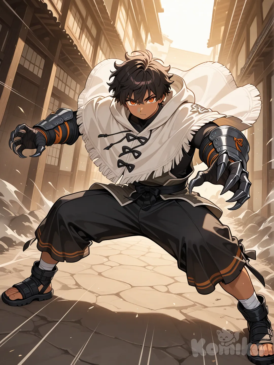 tall japanese male, tan skin, orange eyes, hand bandages, long white poncho with hood down, black tight undershirt, baggy short pants, combat sandals, large claw gauntlets, fighting stance, gachiakuta style