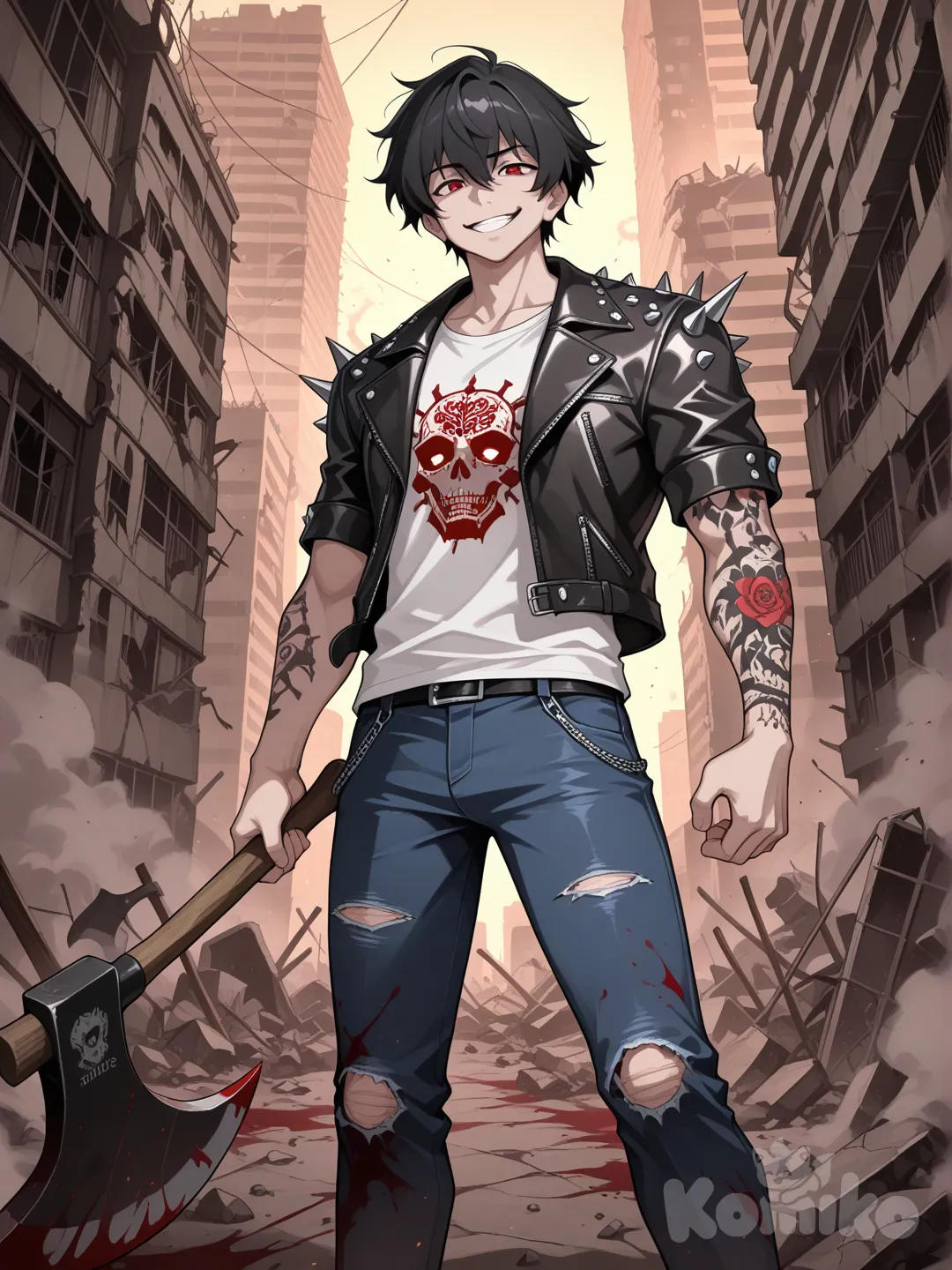 score_9, score_8_up, score_7_up,source_anime,BREAK, single character, anime style, Man, muscular, leather jacket with spikes on the shoulders, tattooed arms, Standing, smiling, a psychopath's smile, jeans, white patterned shirt, Short black hair, red eyes, Post-apocalyptic zombie scenario, everything destroyed, more muscle, With an axe in his hand, the axe has blood on it, He holds the axe in his hand