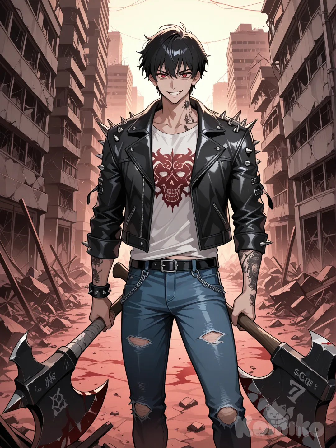 score_9, score_8_up, score_7_up,source_anime,BREAK, single character, anime style, Man, muscular, leather jacket with spikes on the shoulders, tattooed arms, Standing, smiling, a psychopath's smile, jeans, white patterned shirt, Short black hair, red eyes, Post-apocalyptic zombie scenario, everything destroyed, more muscle, With an axe in his hand, the axe has blood on it, He holds the axe in his hand