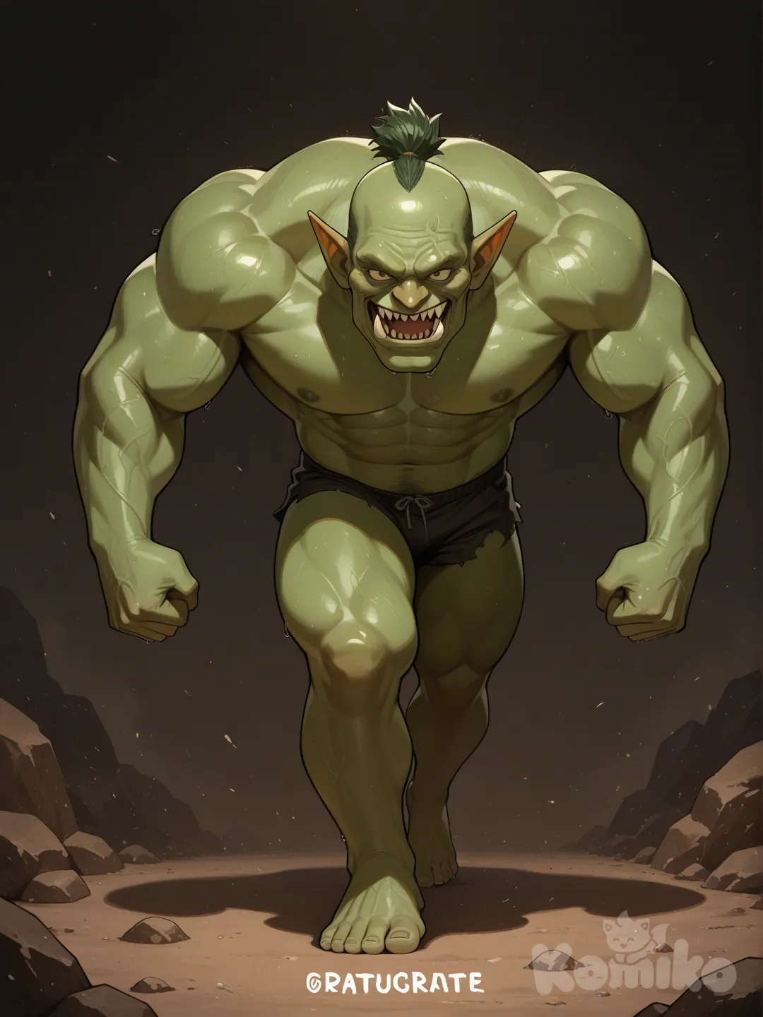 Anime style, deformed troll, very muscular limbs, small body, walks on its arms