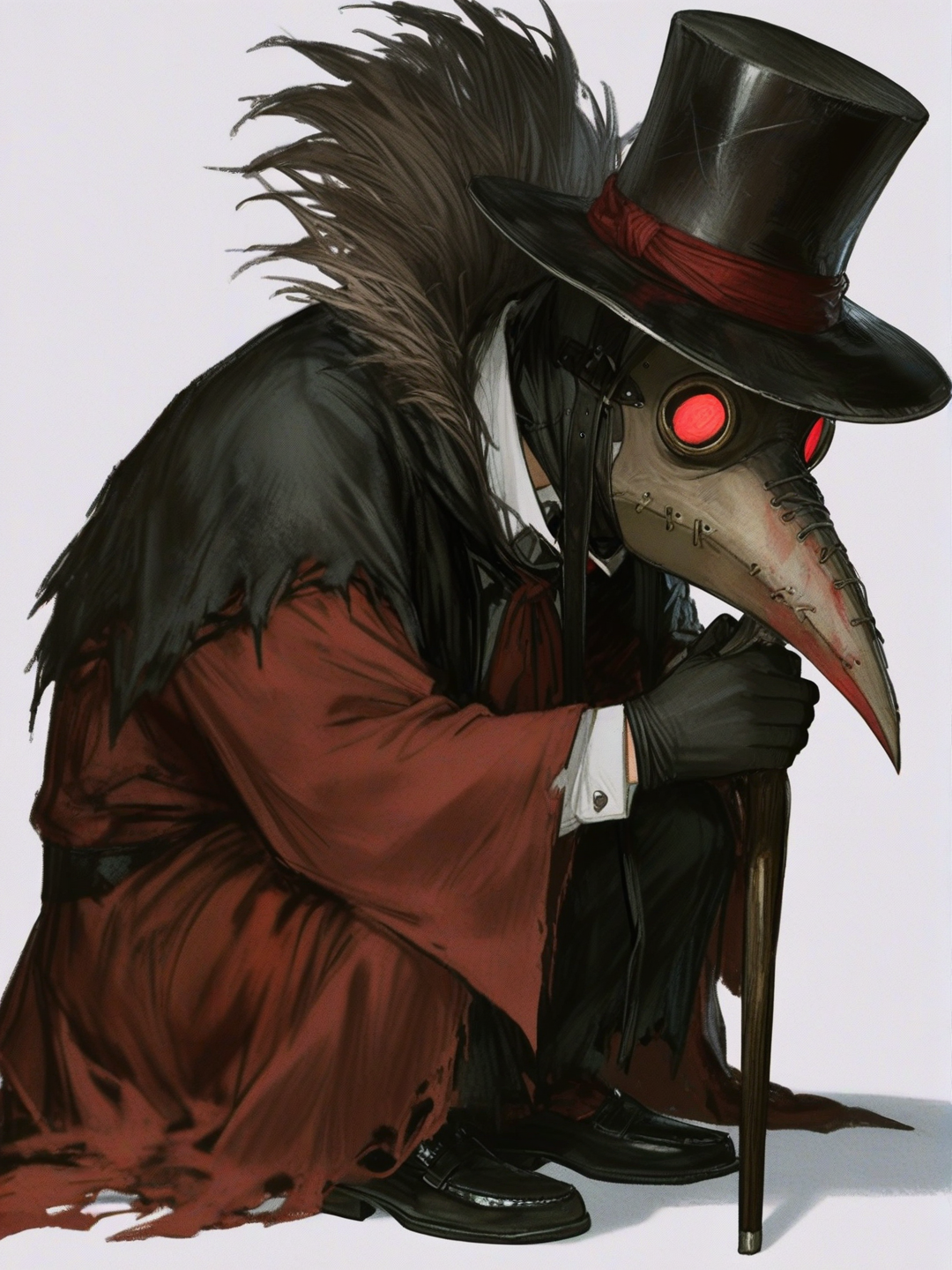 [semi-realistic-portrait-style] 1boy, top hat, plague doctor mask, black gloves, black shoes, cane, black and red clothing, single character, full body, looking at viewer, anime style, simple background, white background