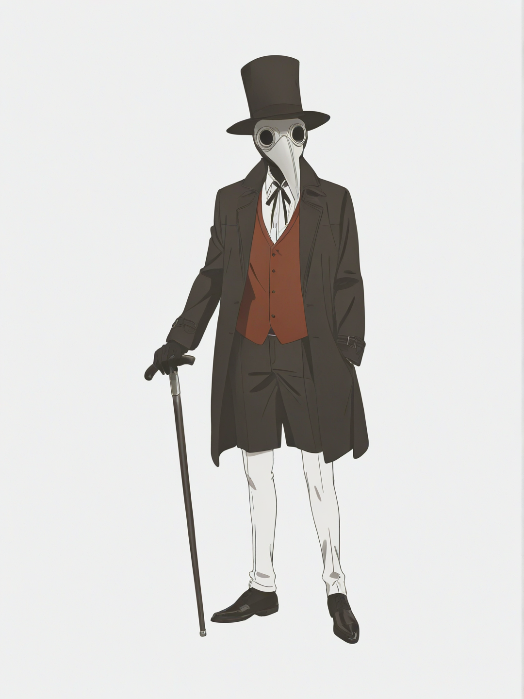 [bright-anime-style] 1boy, top hat, plague doctor mask, black gloves, black shoes, cane, black and red clothing, single character, full body, looking at viewer, anime style, simple background, white background