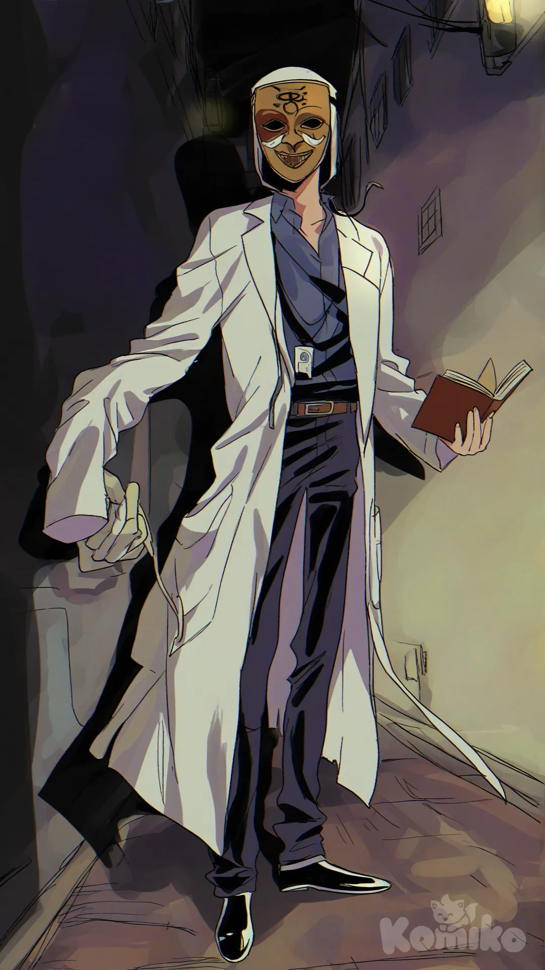 Un médecin avec des très longs bras et des très longues jambes, plutôt maigre, avec une blouse blanche assez grande, portant un masque en bois, rectangulaire, un peu indigène, tenant dans sa main droite un livre en cuir, visiblement sous la lumière d'un lampadaire dans une ruelle sombre et inquiétante., [90s-shojo-style]