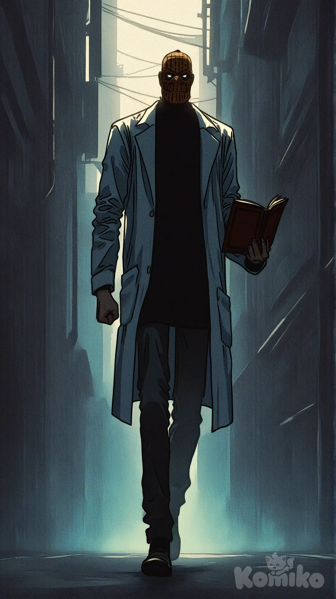 Un médecin avec des très longs bras et des très longues jambes, plutôt maigre, avec une blouse blanche assez grande, portant un masque en bois, rectangulaire, un peu indigène, tenant dans sa main droite un livre en cuir, visiblement sous la lumière d'un lampadaire dans une ruelle sombre et inquiétante., [action-manga-style]