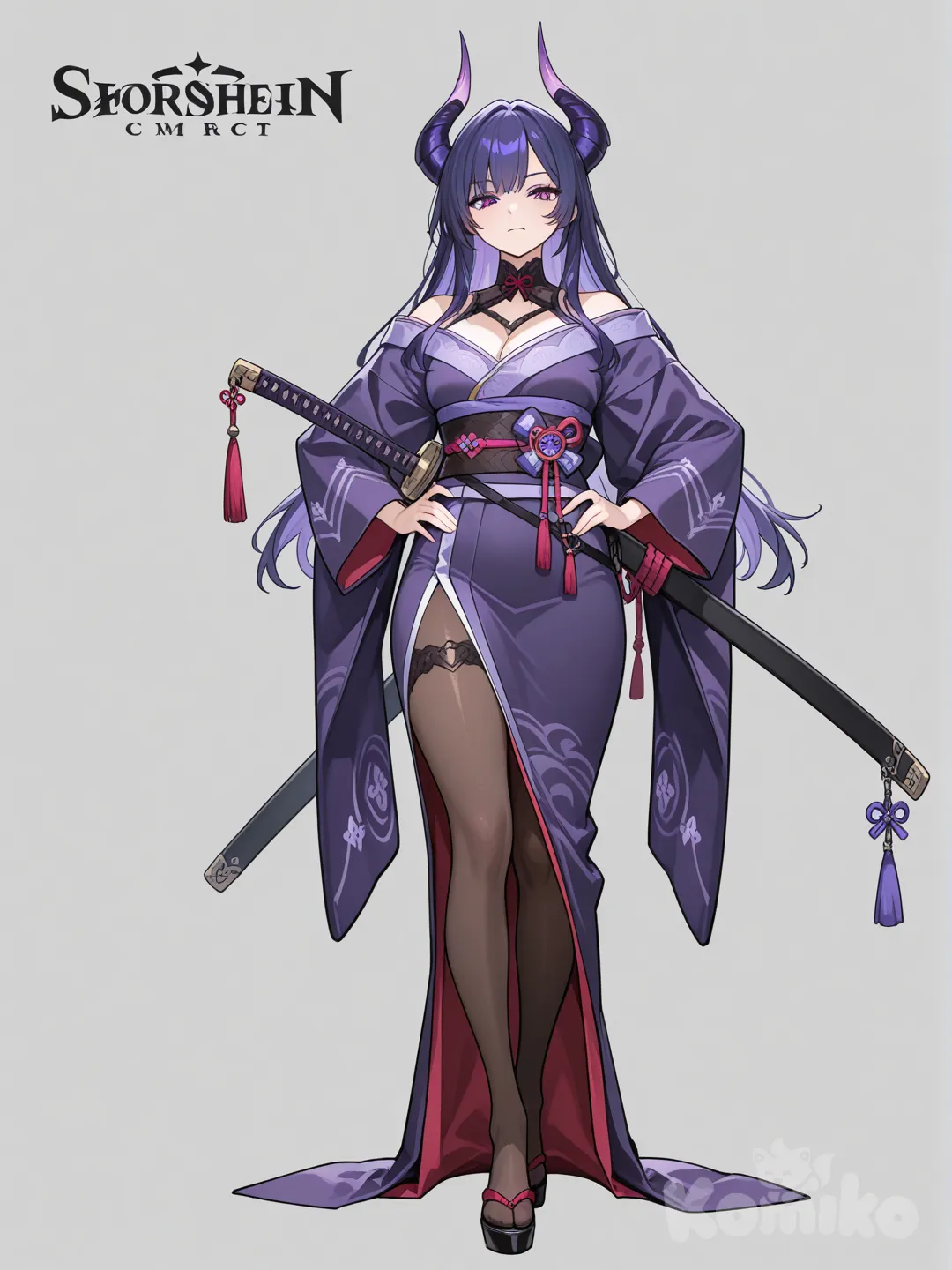 Woman. Age between 18 and 25. She wore a purple kimono with black tights. Height considered tall between 1.80 and 1.85 meters. A half-demon with purple hair and horns of the same color. And a beautiful swordswoman. Sword name Kurayami. concept art.