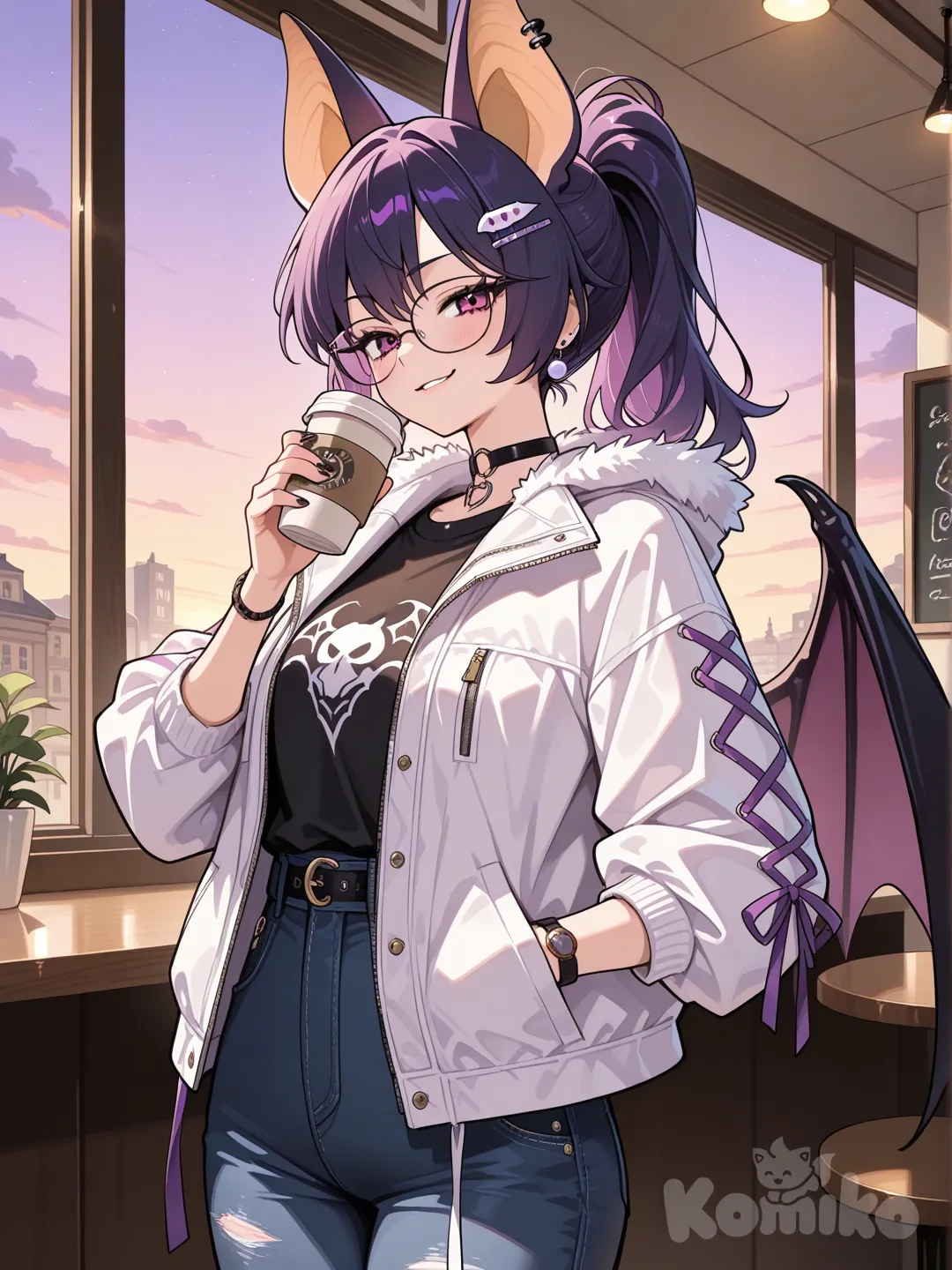 1girl,girl half bat, smirk, while drinking coffee, earrings, glasses, choker, hairpin, high ponytail, dark purple, cafe, twilight, jeans,Black T-shirt with a white jacket featuring black and purple details on the outside, with one sleeve rolled up., hands in pockets