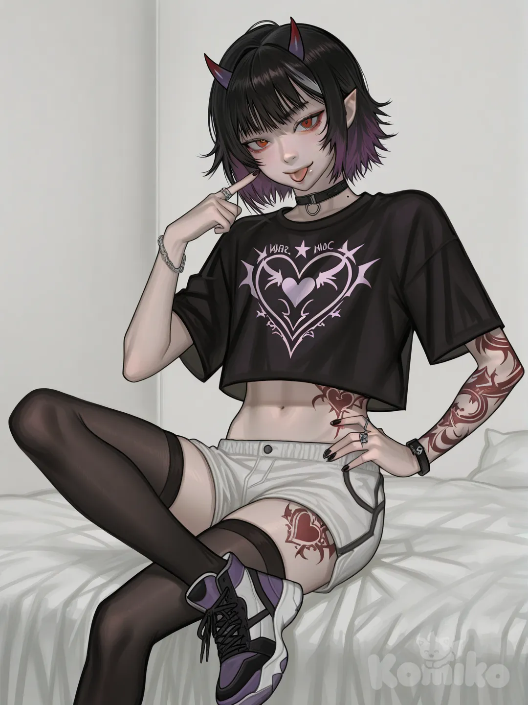 Young man, femboy, small horns with a black-to-purple gradient from top to bottom, short hair with a small fringe ending in a subtle purple gradient, eyes with red irises, softened demonic pupils, eyeliner, a turned-up nose, a rosy mouth forming a small smile, normal ears slightly elven or demonic, a choker necklace, a small black mole on his neck, a black cropped top with a pentagram image that oscillates between a black and red gradient, the cropped top shows his navel, below the navel a large cyber tribal heart tattoo covering almost the entire area above the pelvis, wide white shorts with a small detail near a heart on the lower right side, thigh-high stockings, simple black and white shoes with red details, black bracelets on his hands and a ring on the ring finger of his left hand, a pose sticking his tongue out mischievously, his hands Left hand pointing to the tattoo, right hand resting on the hip, eyes mischievous, in an ordinary room, sitting on the bed., [digital-painterly-style]