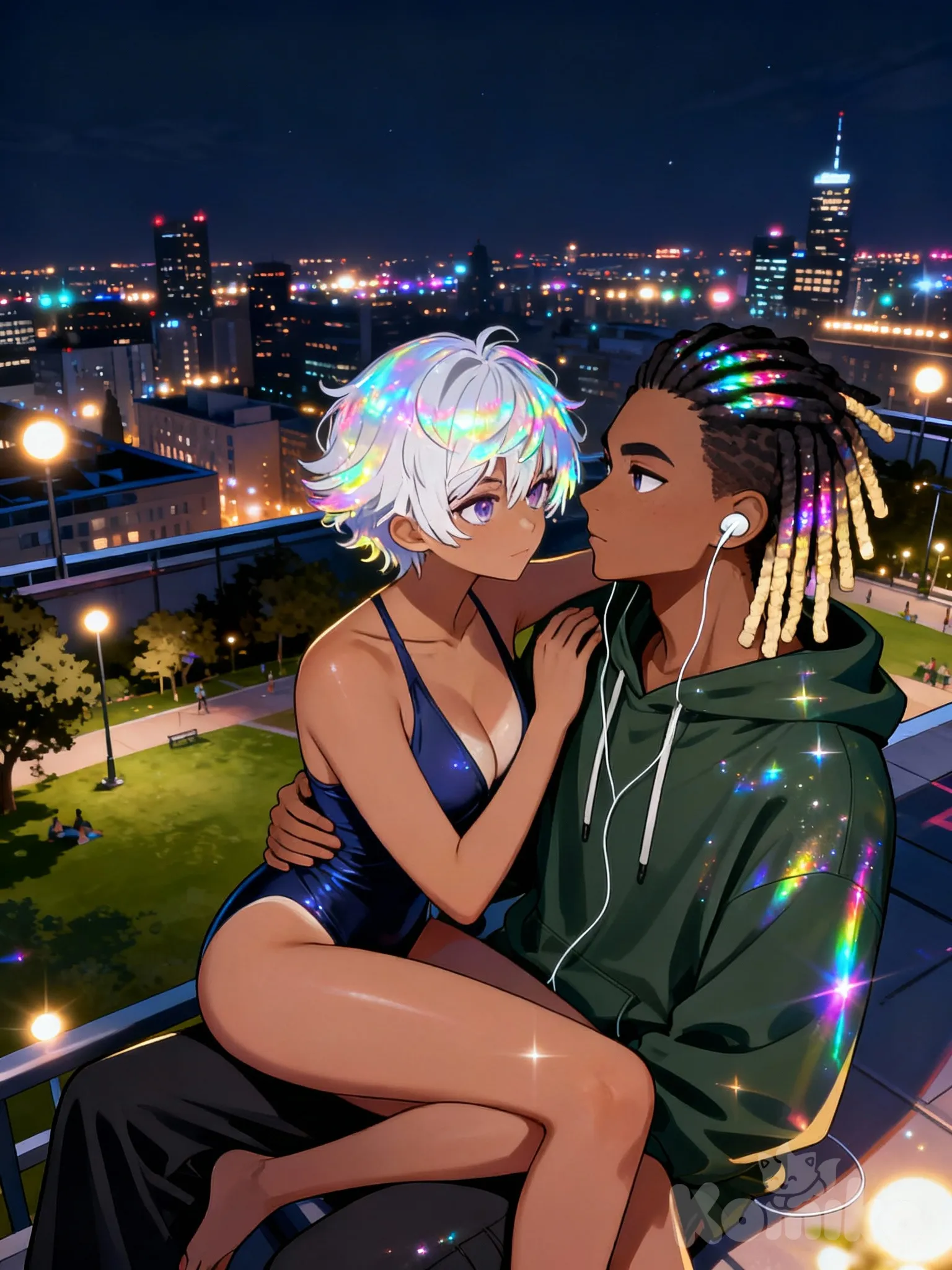 @soul-akira-Fyjl listening to music with @mia-nHae , [iridescent-style], sitting on lap, cityscape rooftop, park, night, city lights, looking away, upper body