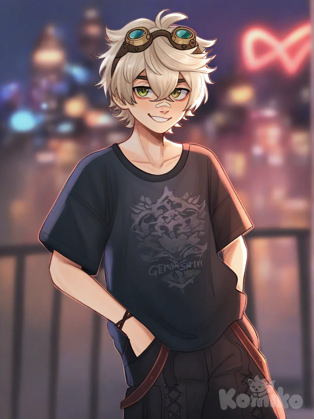 @Bennett_(Genshin_Impact), [soft-shaded-moe-style], hands in pockets, charcoal black, band shirt, baggy pants, baggy clothes, smirk, blurred background, upper body, looking at viewer, neon lights, city lights, cityscape, rooftop