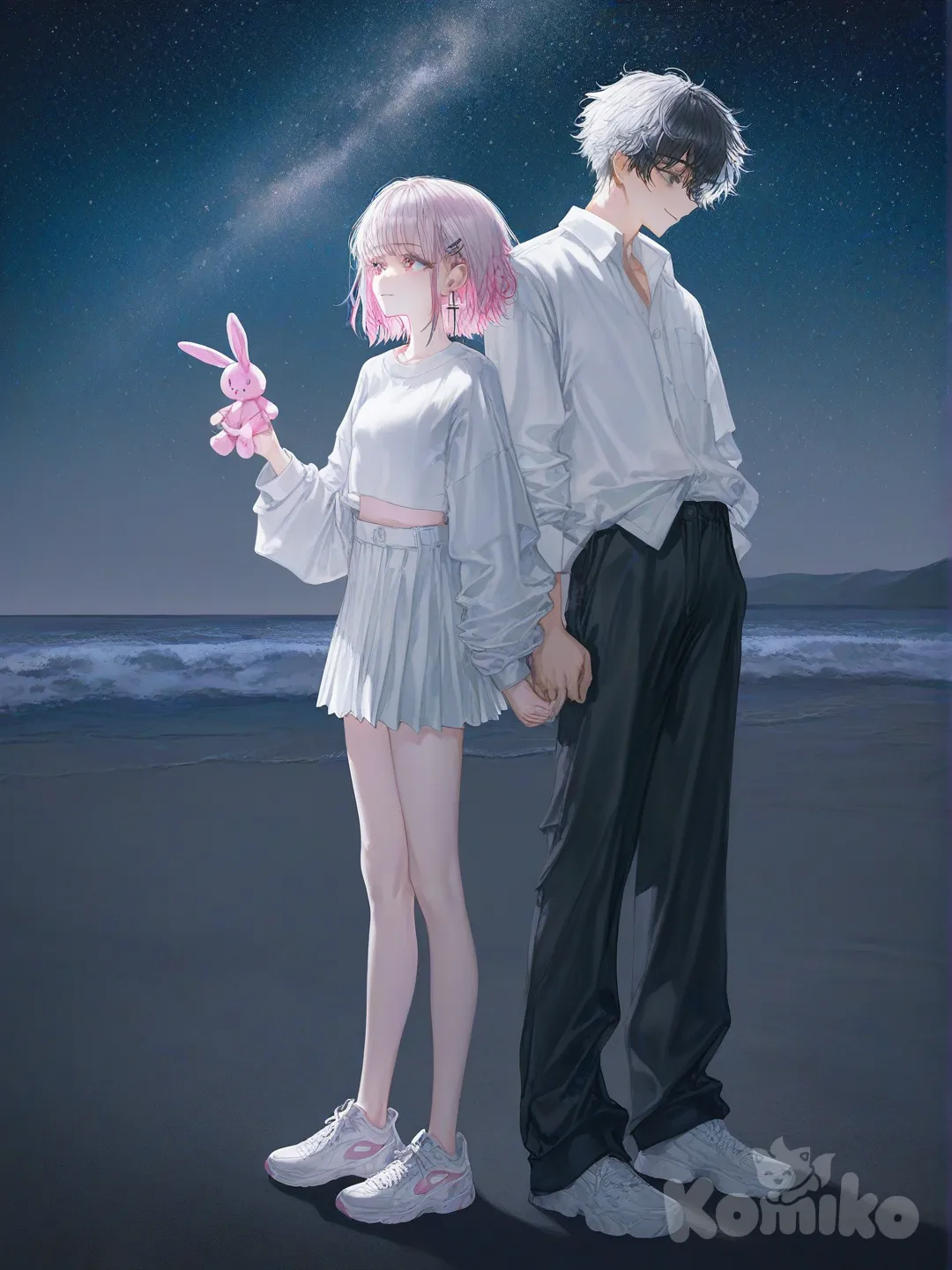 @silver-MEc5, @tatsu-Lflj, [soft-light-illustration-style], holding hands, back to back, blush, smirk, baggy clothes, full body, looking away, cinematic lighting, night, starry sky, ocean. Beach