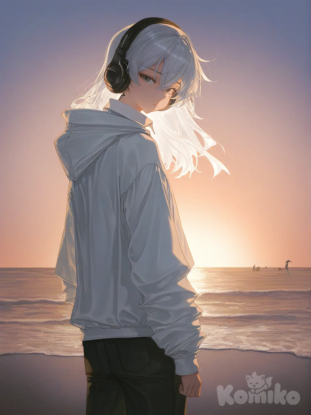 @tatsu-Lflj, looking back, hoodie, beach shorts, headphones, upper body, cinematic lighting, beach, sunset , [soft-light-illustration-style]