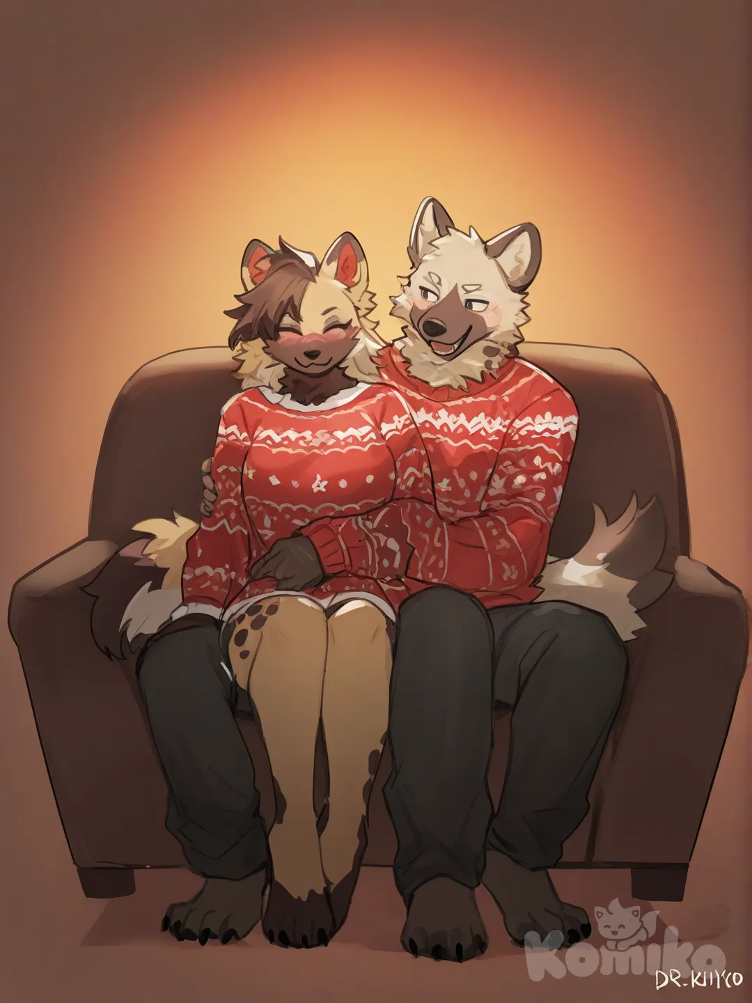 A female wild dog furry hugging a male hyenna furry lovingly. Both are wearing Christmas sweaters sitting on a couch
THERE ARE ONLY 2 ANTHROPOMORPHIC CHARACTER, 

[soft-furry-style]