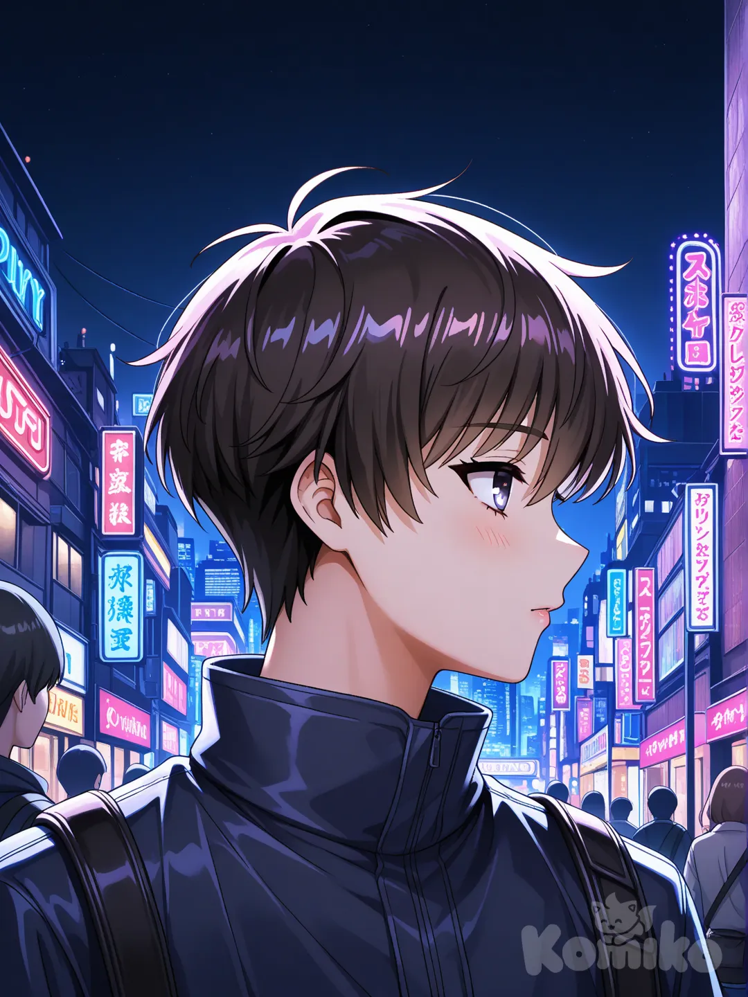 people, doukyuusei another world, isekai, The future, cyberpunk, scenery, scene reference, upper body, front profile photo, looking away, closeup, night, city lights, neon lights, rim light, cityscape, village, skyscraper