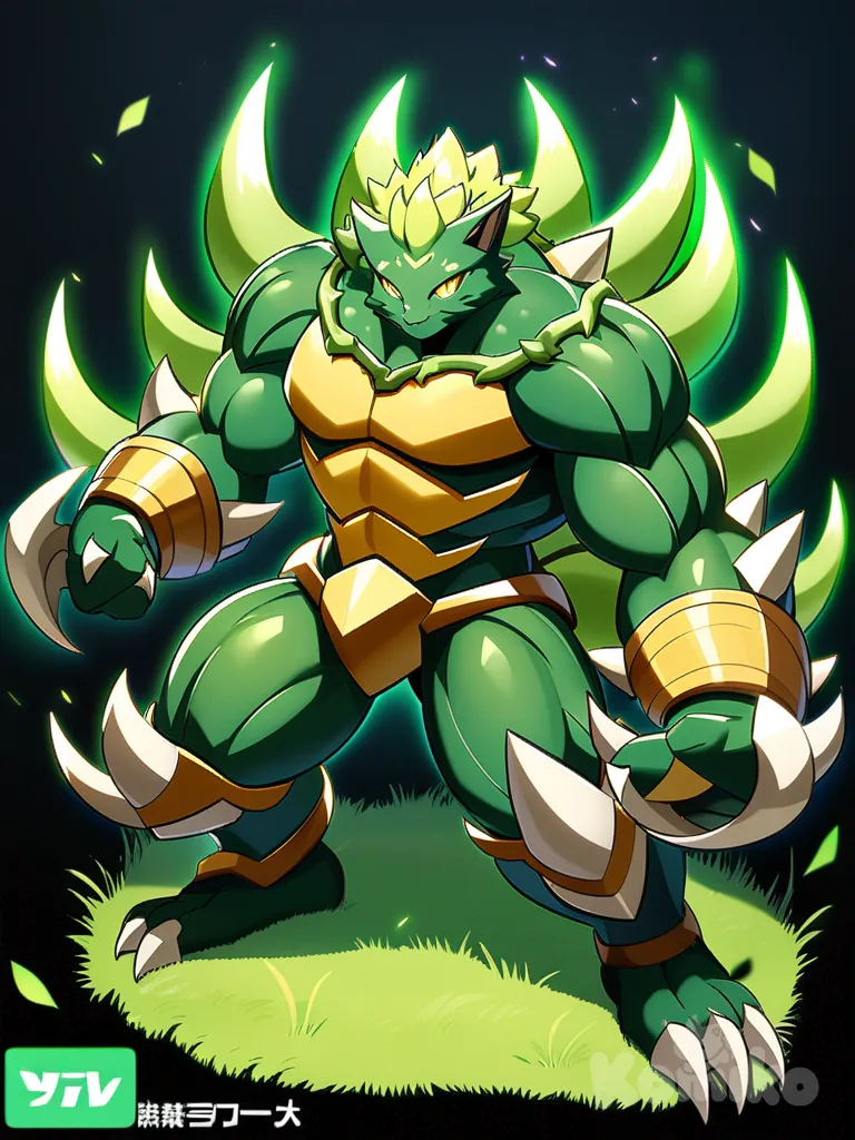 grass-type, cool, powerful-looking, cat-like Pokémon, sleek feline body, leafy fur and vine mane, green and emerald color palette, sharp claws, glowing yellow eyes, muscular battle-ready pose, dynamic heroic expression, natural armor with bark and thorn accents, subtle bioluminescent markings, single character, full body, looking at viewer, anime style, simple background, white background