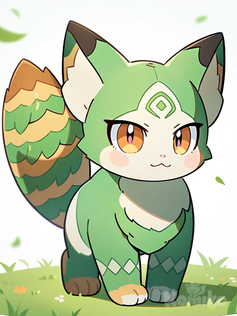 草タイプの猫ポケモン, 可愛い, 猫耳, 葉のモチーフ, 緑の毛並み, 葉っぱのしっぽ, ふわふわの毛, 大きな瞳, 小柄な体型, 愛らしい表情, ポケモン風デザイン, single character, full body, looking at viewer, anime style, simple background, white background