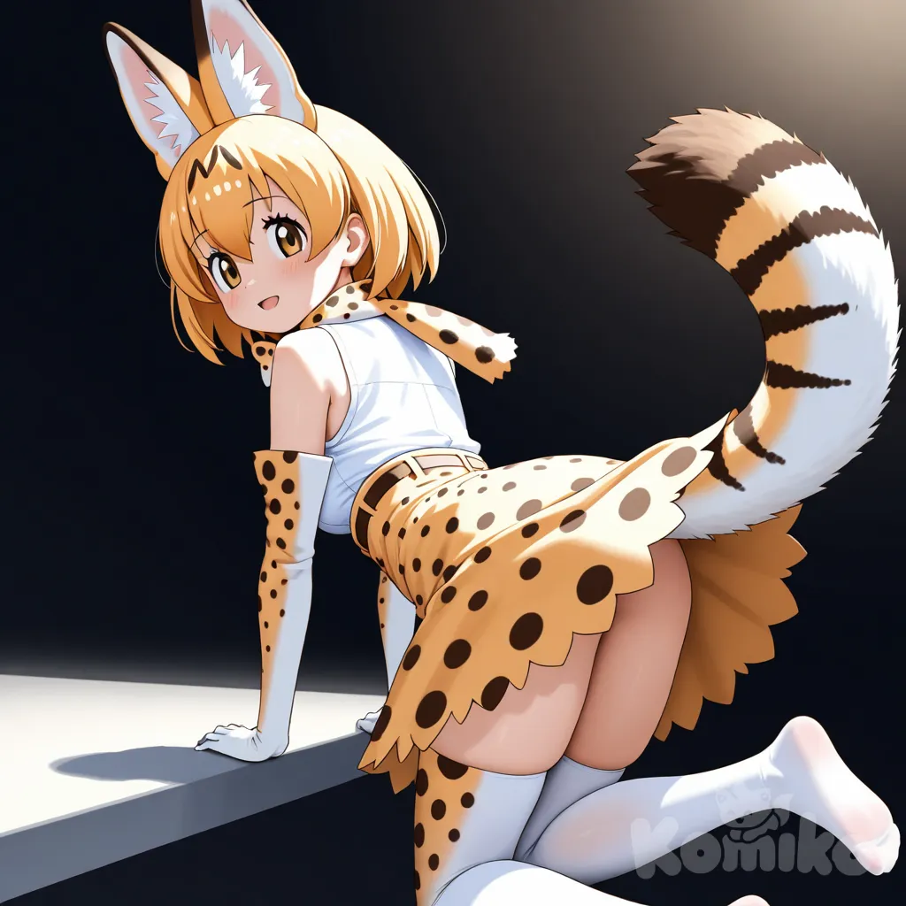serval (kemono friends), kemono friends, 1girl with animal ears, extra ears and a tail, short blonde hair with hair between eyes, yellow eyes and a charming, lively expression; elbow gloves, sleeveless white shirt with bare shoulders and print bowtie, high-waist skirt with subtle dynamic motion, white opaque thighhighs, white opaque stockings and visible feet with a gentle feet soles focus, posed full-body in a cute, slightly dynamic stance. Soft, vibrant lighting with delicate highlights, gentle rim light, soft depth-of-field, shading, clean lineart and high-resolution rendering, refined fabric and fur textures, crisp details, slight breeze in the hair and subtle motion in the skirt and hair, on a simple white background to emphasize the character.