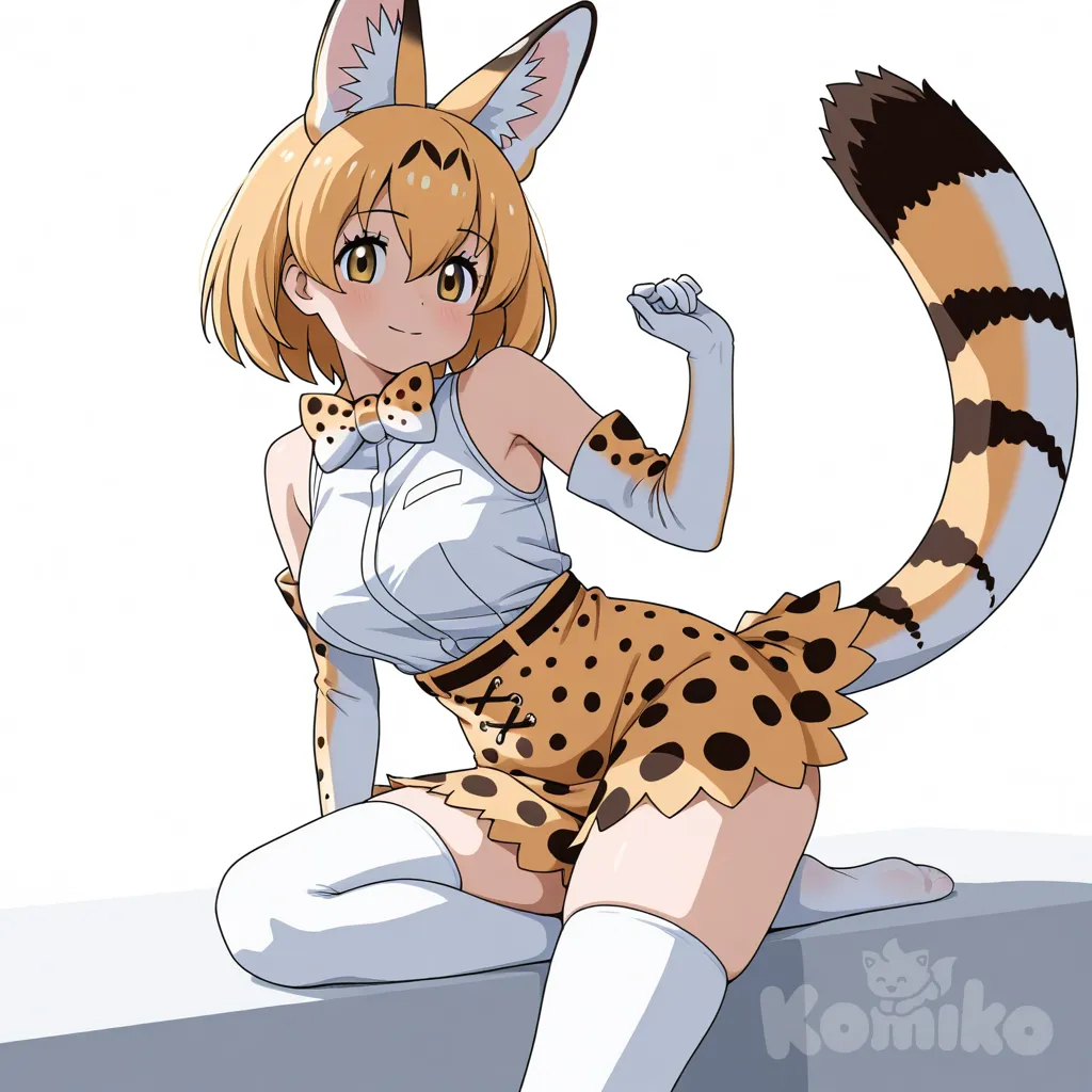 serval (kemono friends), kemono friends, 1girl with animal ears, extra ears and a tail, short blonde hair with hair between eyes, yellow eyes and a charming, lively expression; elbow gloves, sleeveless white shirt with bare shoulders and print bowtie, high-waist skirt with subtle dynamic motion, white opaque thighhighs, white opaque stockings and visible feet with a gentle feet soles focus, posed full-body in a cute, slightly dynamic stance. Soft, vibrant lighting with delicate highlights, gentle rim light, soft depth-of-field, shading, clean lineart and high-resolution rendering, refined fabric and fur textures, crisp details, slight breeze in the hair and subtle motion in the skirt and hair, on a simple white background to emphasize the character.