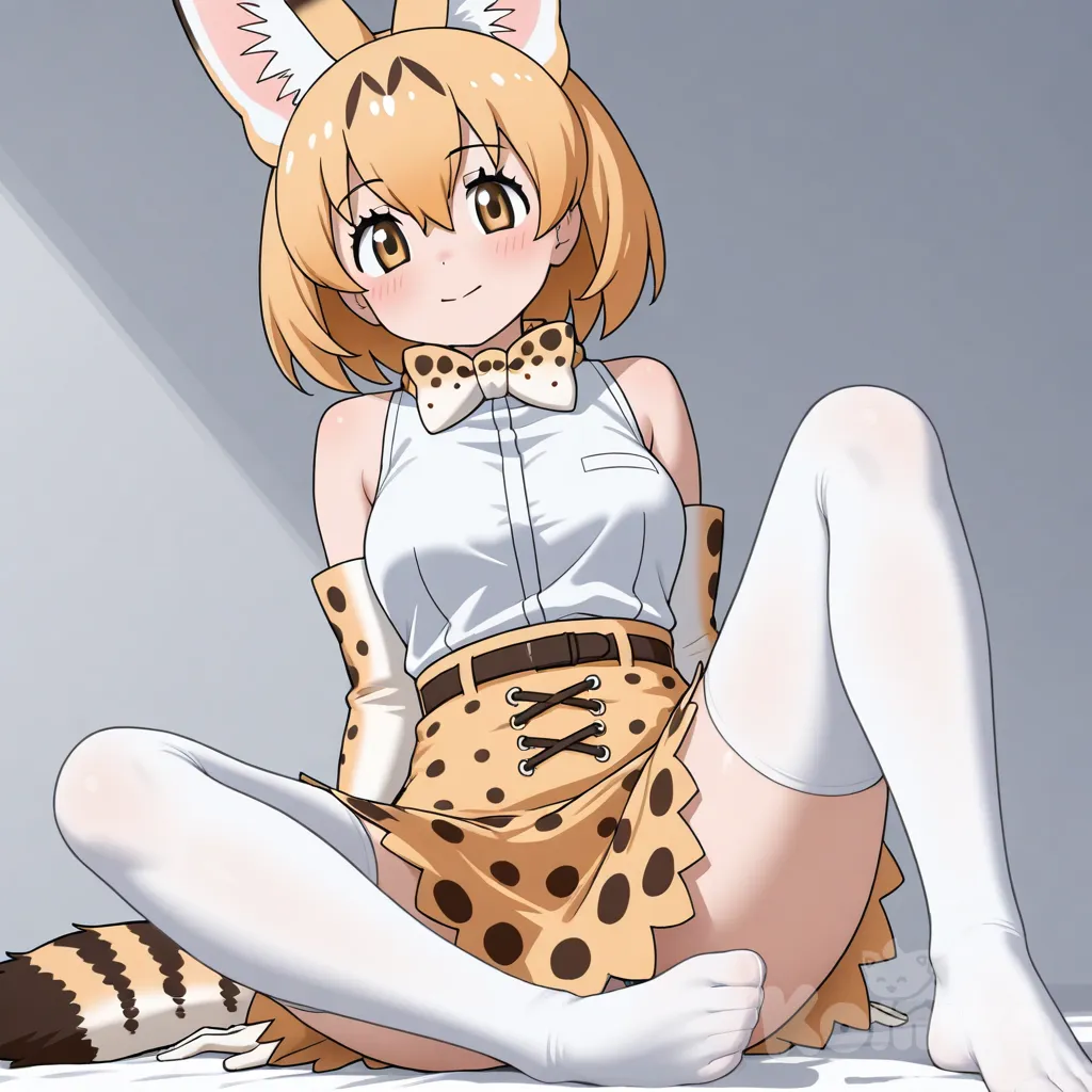 serval (kemono friends), kemono friends, 1girl with animal ears, extra ears and a tail, short blonde hair with hair between eyes, yellow eyes and a charming, lively expression; elbow gloves, sleeveless white shirt with bare shoulders and print bowtie, high-waist skirt with subtle dynamic motion, white opaque thighhighs, white opaque stockings and visible feet with a gentle feet focus, posed full-body in a cute, slightly dynamic stance. Soft, vibrant lighting with delicate highlights, gentle rim light, soft depth-of-field, shading, clean lineart and high-resolution rendering, refined fabric and fur textures, crisp details, slight breeze in the hair and subtle motion in the skirt and hair, on a simple white background to emphasize the character.