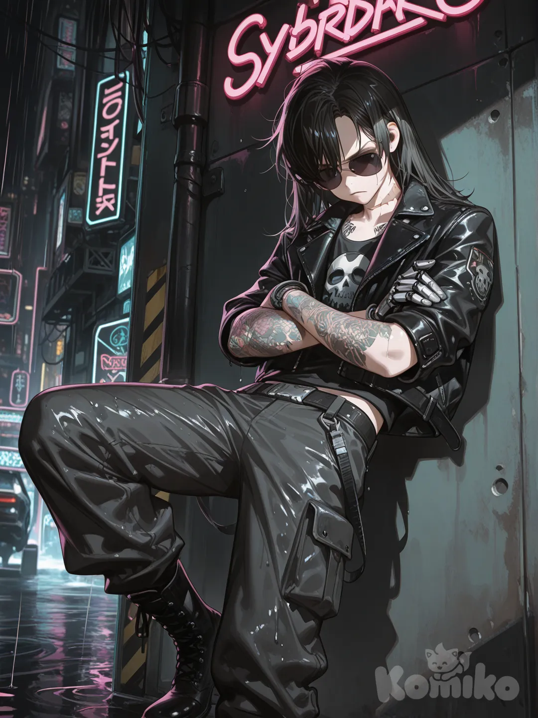 Rockstar Johnny Silverhand in the old cyberpunk city[high-gloss-illustration-style]