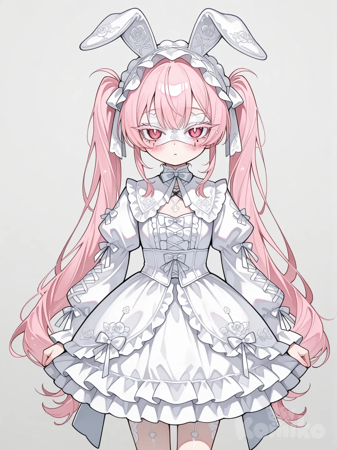 5. The Bunny (The Deceiver)

Build: Very small and petite. She looks fragile, like a porcelain doll.
Hair: Pastel Pink twin-tails that reach her waist. This color is the only "bright" thing in the manga's palette.
Face: Large, innocent eyes with long eyelashes. She has a beauty mark under her right eye.
Attire: A gothic lolita dress—frilly, lacey, black and white. It looks Victorian.
Mask: A cute, bunny mask with rosy cheeks. The contrast between the cute mask and her sadistic actions is a key visual theme.
