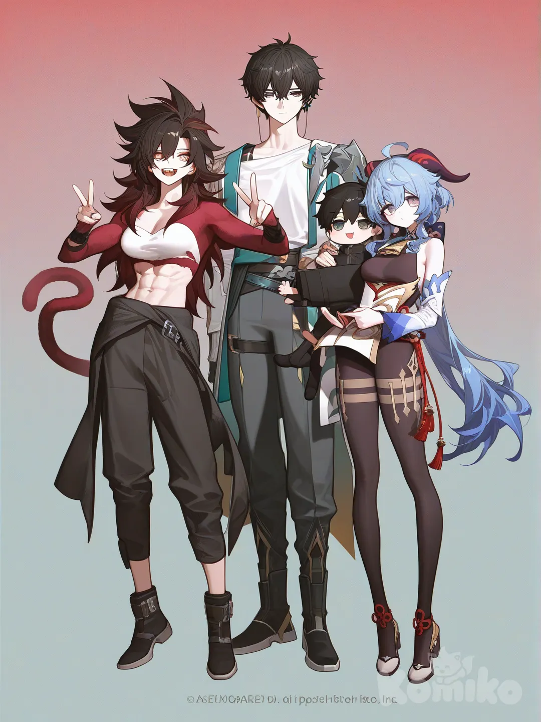 @Ganyu_(Genshin_Impact), @Dan_Heng_(Honkai:Star_Rail), [high-contrast-glossy-style], v sign, full body
Uma mulher malhada e parecendo uma Sayajin 4