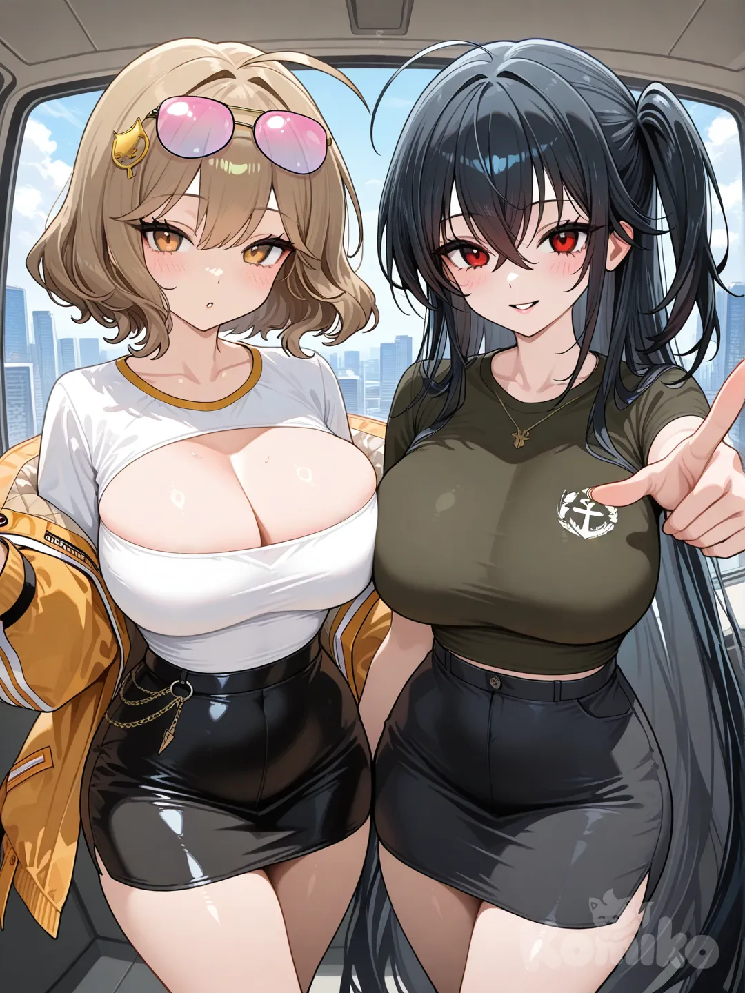 @Anis_(Nikke), @Taihou_(Azur_Lane), pointing at viewer, henley shirt, panoramic lens, pencil skirt, side ponytail