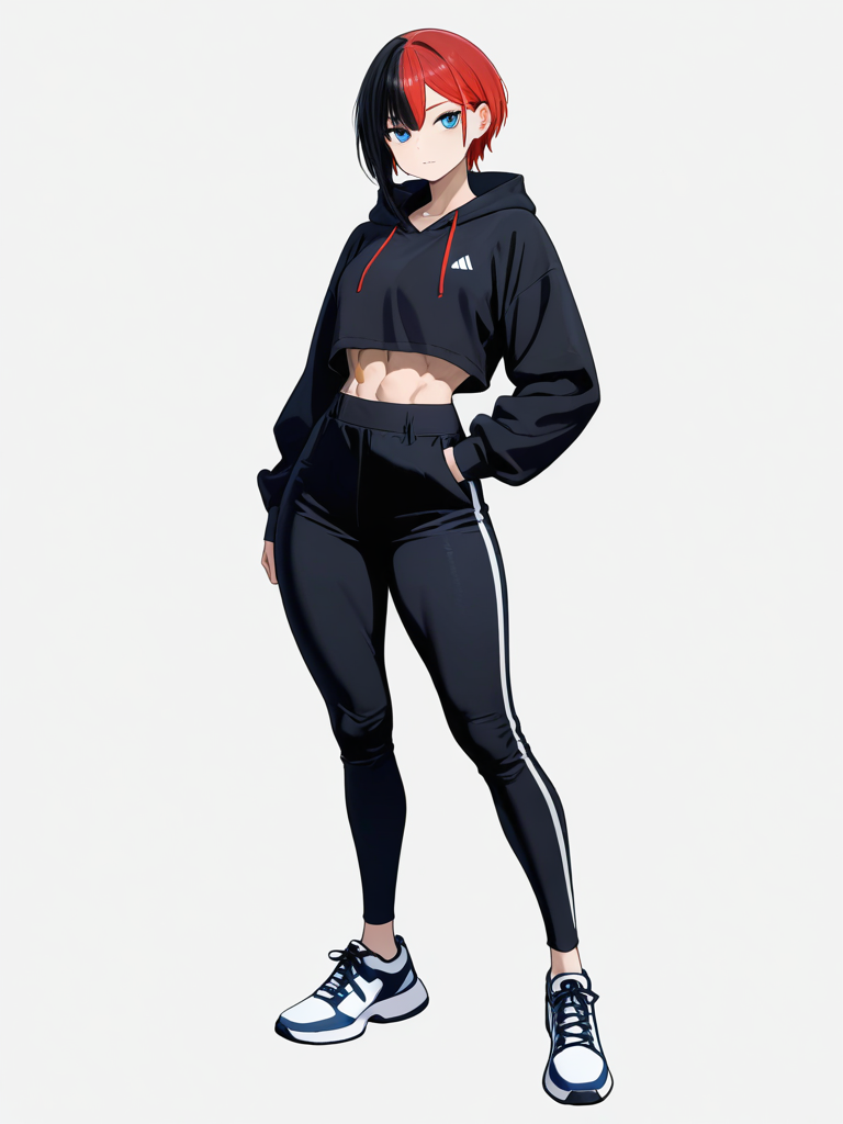 1girl, short_hair, red_hair, two-tone_hair, black_hair, muscular, small_feet, blue_eyes, strong_female, single_character, full_body, looking_at_viewer, anime_style, simple_background, white_background