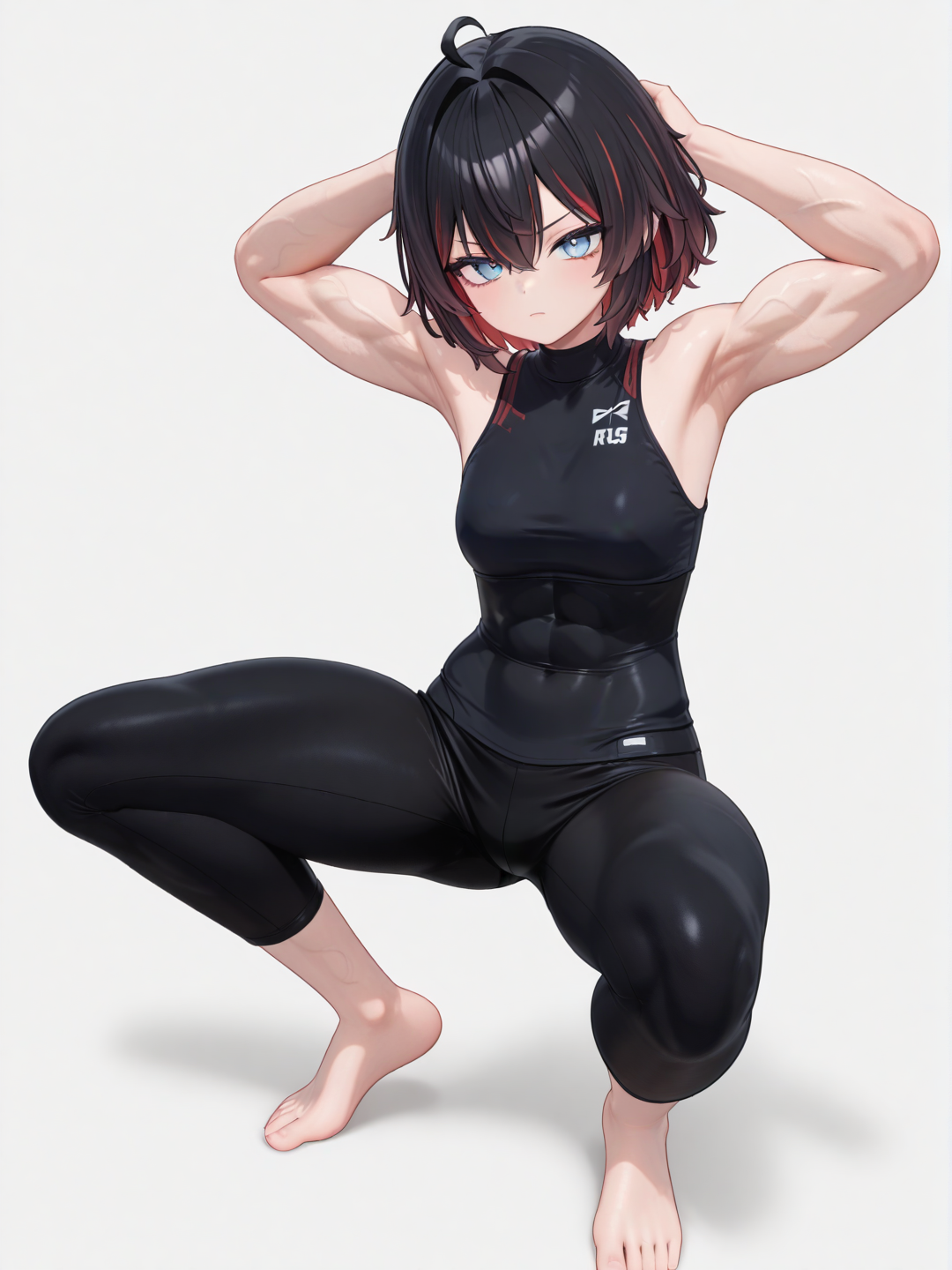 [3d-anime-style] 1girl, short_hair, red_hair, two-tone_hair, black_hair, muscular, small_feet, blue_eyes, strong_female, single_character, full_body, looking_at_viewer, anime_style, simple_background, white_background