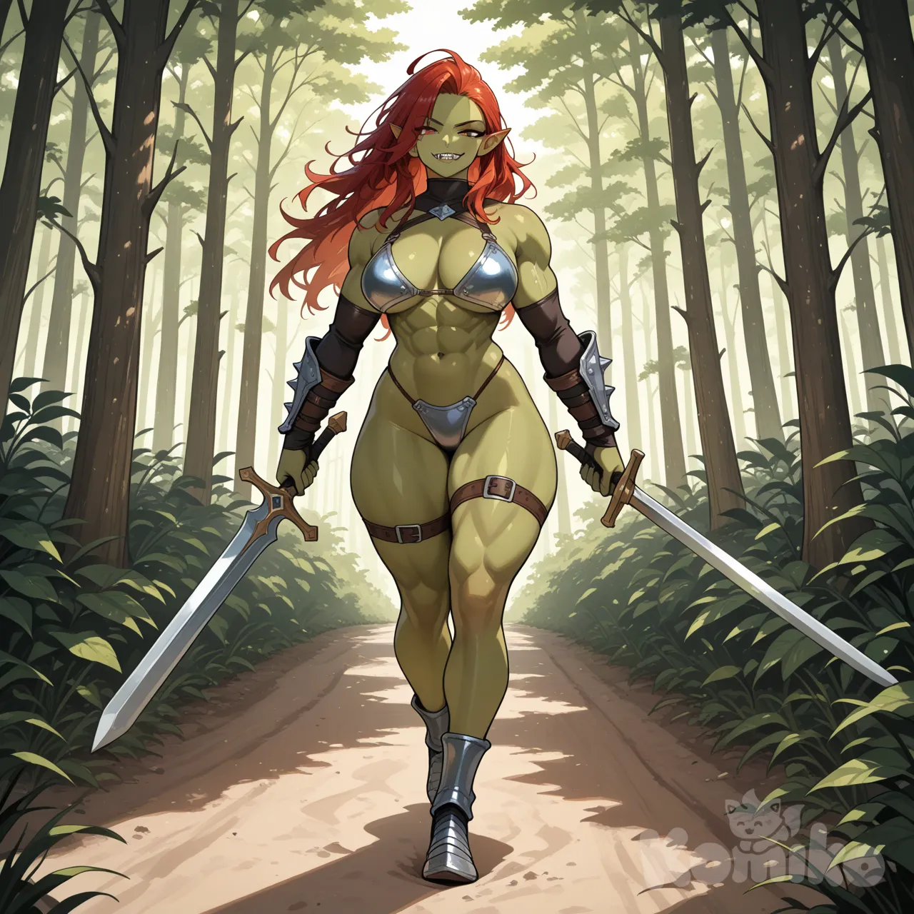 [glossy-anime-style] uma ork safada de roupas vulgar, com uma espada em mão andando por um bosque