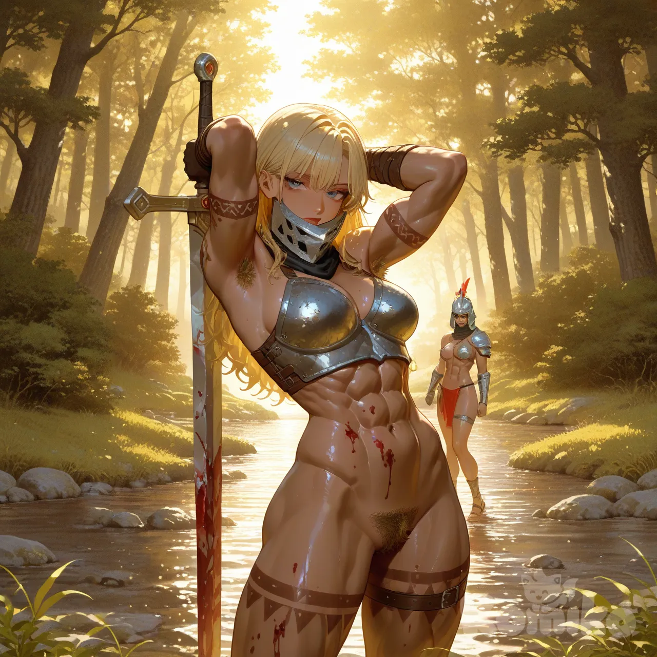 uma princesa guerreira loira, malhada e tatuada, ela tem uma armadura bastante vulgar,ela tem um capacete que só cobre do nariz a cina e da para ver seus olhos lindos e sua boca linda, ela esta na beira de um rio tirando sua armadura e ela é peluda, seu corpo e sua espada com sangue, a luz do dia e sua aliada uma preta malhada com uma armadura sexy ela encarando a princesa em um lago , ambas tem um corpo malhado de gladeadora ambas tem um corpo se guerreiras espartanas [sensual-glossy-style]