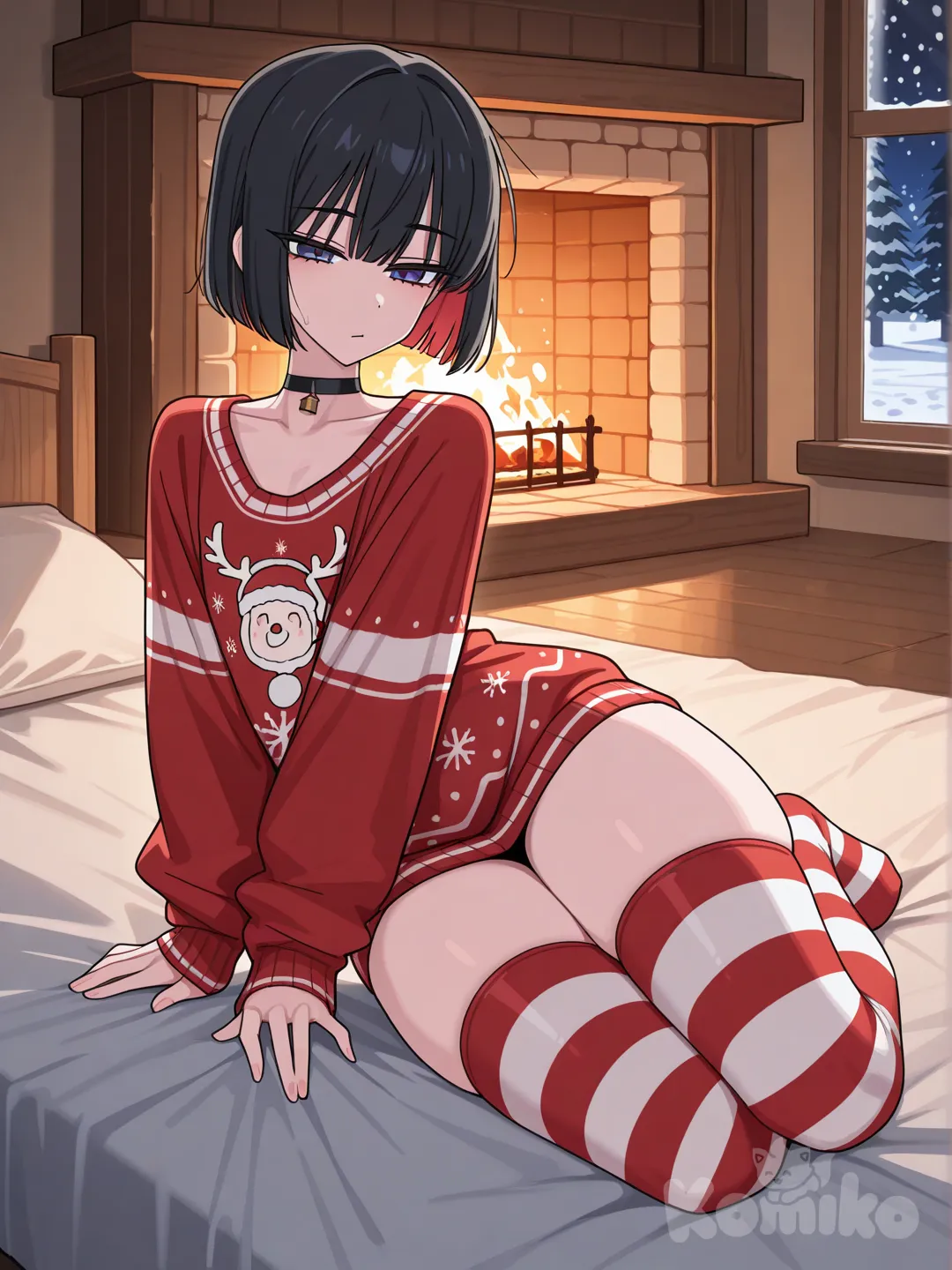 1boy, femboy, thick thighs, slim waists, laying on bed, peppermint thigh highs, cozy Christmas clothing, choker, midnight black hair, short hair, bob cut, full body, night, Wooden cabin, blizzard, [toon-shaded-style]