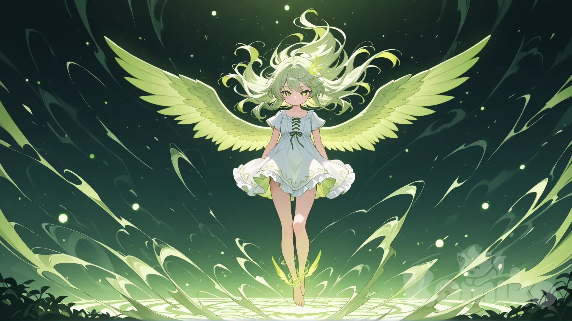 niña pequeña de pelo verde y vestido blanco rodeada de remolino de viento verde y luces verdes
con alitas verdes en sus pies