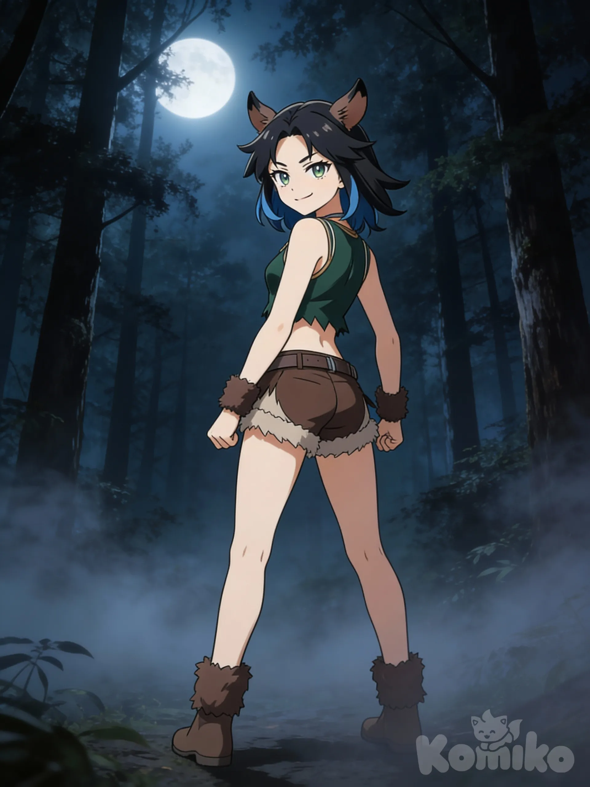 @inoko-hashibira-QZ3u, smirk, looking back, forest, night, full body