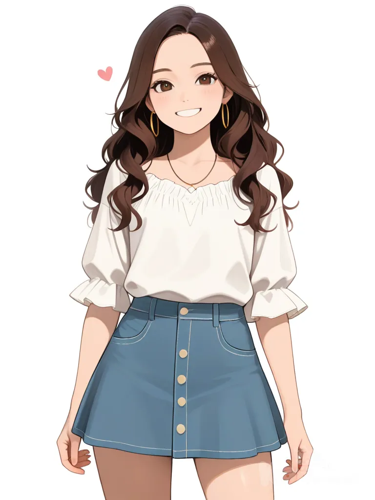 1girl, solo, brown_hair, medium_hair, wavy_hair, brown_eyes, large_eyes, fair_skin, smile, cheerful, slim, healthy, casual, blouse, skirt, white_clothes, grey_clothes, pink_accents, blue_accents, hoop_earrings, necklace, single_character, full_body, looking_at_viewer, anime_style, simple_background, white_background