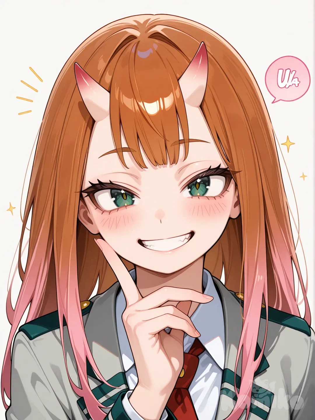 1girl, my hero academia, ua high school uniform, long hair, straight hair, pink hair, brown-orange hair, gradient hair, green-blue eyes, looking at viewer, fair skin ,grin, triangle horns, triangle loop shaped horns, small horns, short horns, red oni horns, [glossy-anime-style]