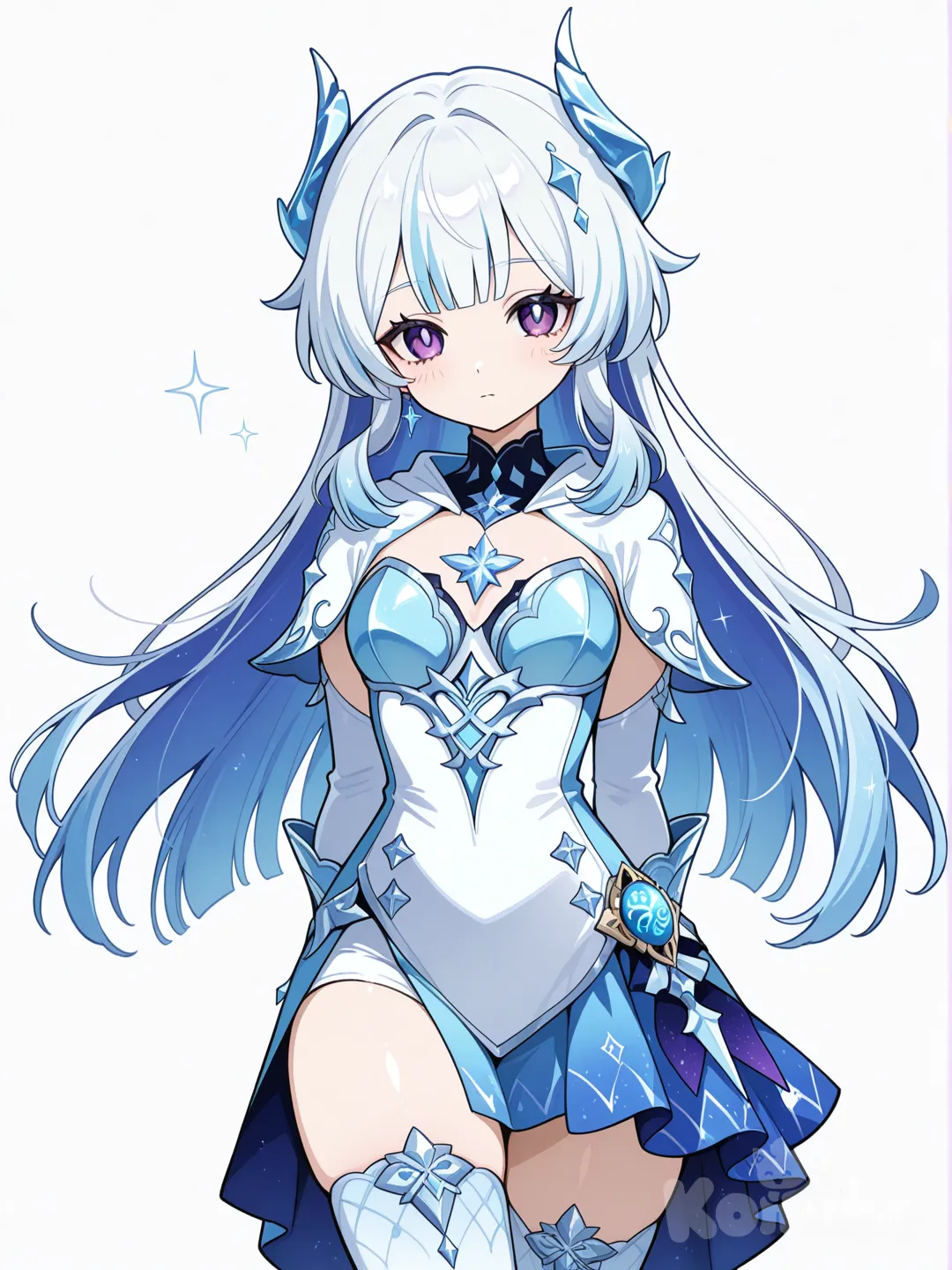 1girl, genshin impact, white hair, blue hair, long hair, straight hair, bangs, purple eyes, mage outfit, ice skate outfit, half_skirt, thighhighs, knight outfit, gem accessory, fusion outfit, cryo vision, hands behind back, cute and cool pose, single character, upper body, looking at viewer, anime style, simple background, white background, [glossy-anime-style