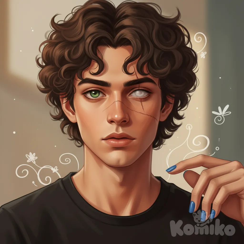 British-toned skin, green eyes, and curly brown hair. He has a scar over his right eye, which is blind, and he paints his nails blue. He usually wears a black shirt, 5 fingers