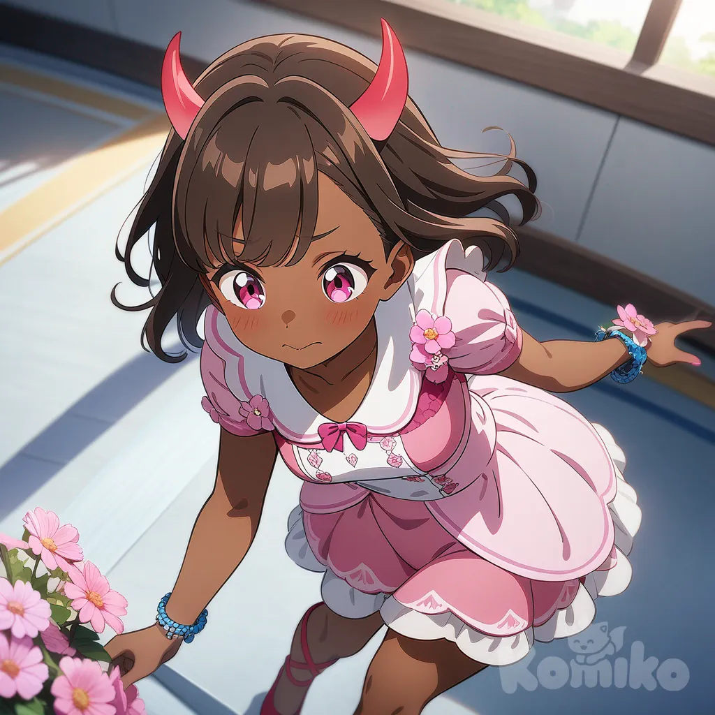 anime girl, cute expression, vibrant colors, anime art, brown hair, pink eyes, pink amor suit bottom dress, pink unique flowers, red horns, red heel straps, brown skin, Blue bracelet