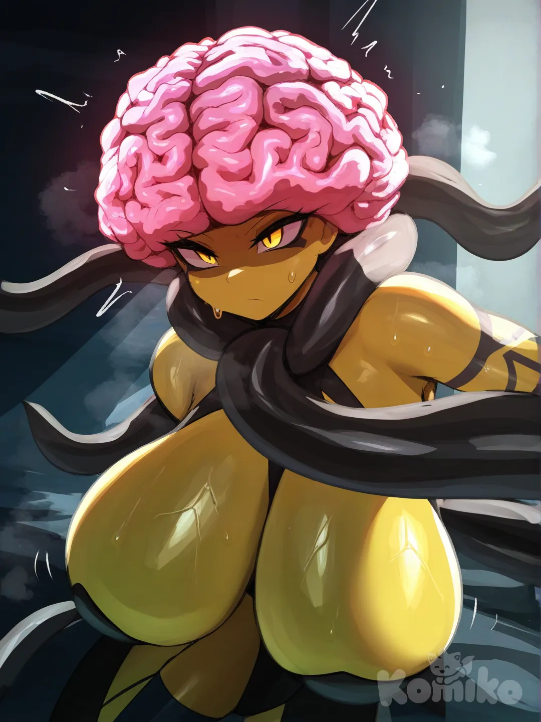 mawmain, sana!rpg, trinity-fate62, by trinity-fate62, 1girl, huge breasts, girl, yellow skin, exposed brain, large brain, glowing brain, penis penetrating the brain, brain penetration, brain sex, sweating brain, a tentacle penis, the penis sticking into her brain, stagnant face , penis penetrating the brain, brain penetration, brain sexdynamic lighting, dynamic illumination, 
ultra-8K, ultra--eyes, quality, absurdres, incredibly absurdres, newest, background, fine intricate details, very aesthetic
Negaive Prompt: 
legs, feet, 
artist name, username, logo, watermark, patreon logo, signature, text, lowres, worst quality, bad quality, low quality, bad anatomy, old, worst quality, worst detail, sketch, censor, chromatic aberration, simple background, [moody-glow-style]