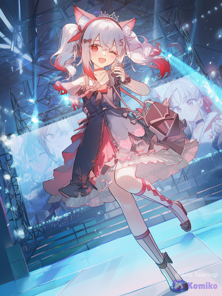 Aria Tsumugi, cute girl with red eyes and dramatically long and thick eyelashes, singing, smile, blush, one eye closed, open mouth, lolita outfit, silk, translucent fabric, crown, bracelet, headphones, anklet, arm bands, crossbody bag, hair clip, hair ribbon, hairband, hair accessory, hairpin, necklace, choker, diamonds, jewelry, knee-high socks, wolf ears, silver hair with red highlighted tips, strappy heels, burgundy, klein blue, olive green, upper body, neon lights, stage, [dreamy-style], twin tails