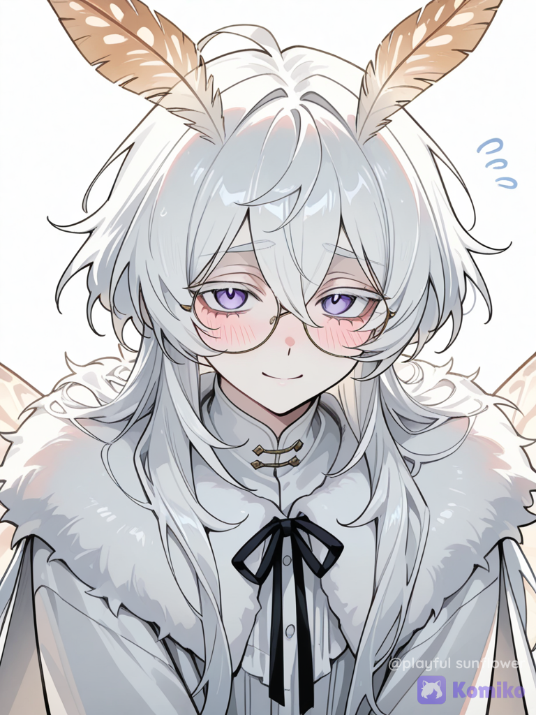 1boy, moth Demi-human, moth antenna, moth wings, soft, long hair, shy, round glasses