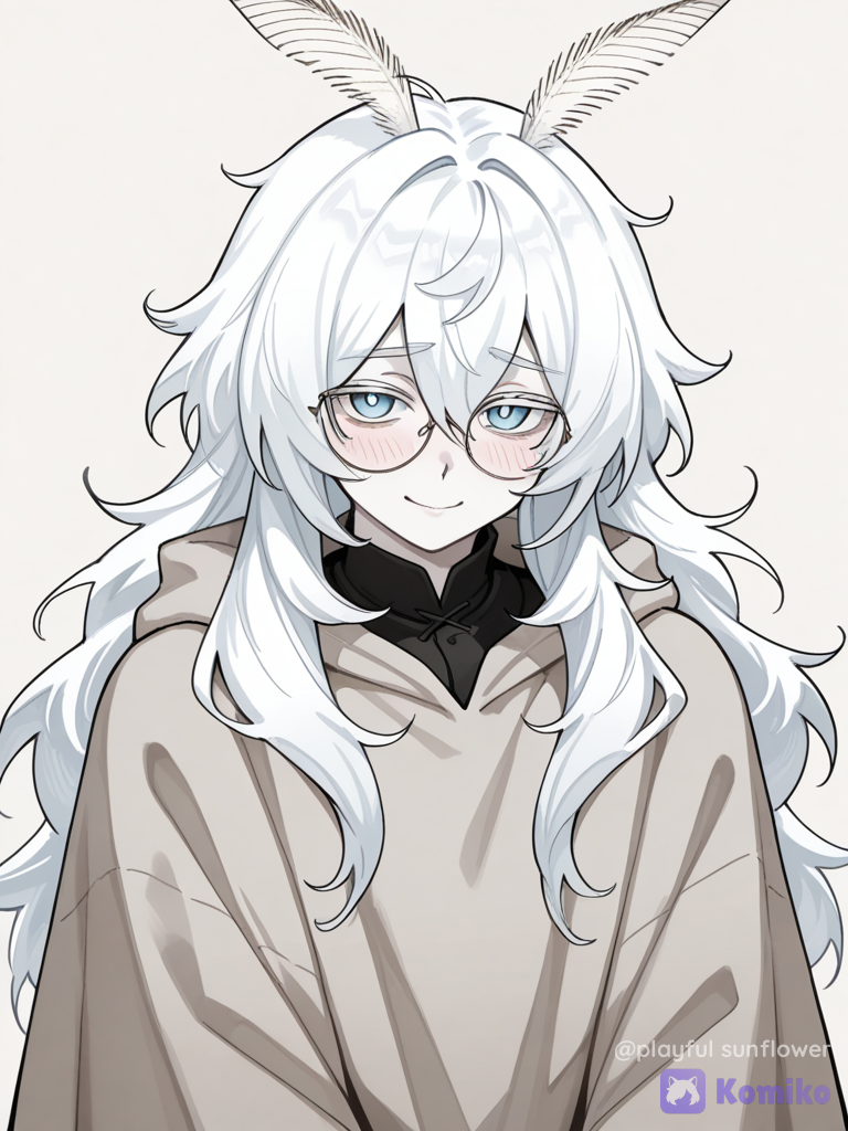 1boy, moth Demi-human, moth antenna, moth wings, soft, long hair, shy, round glasses, upper body