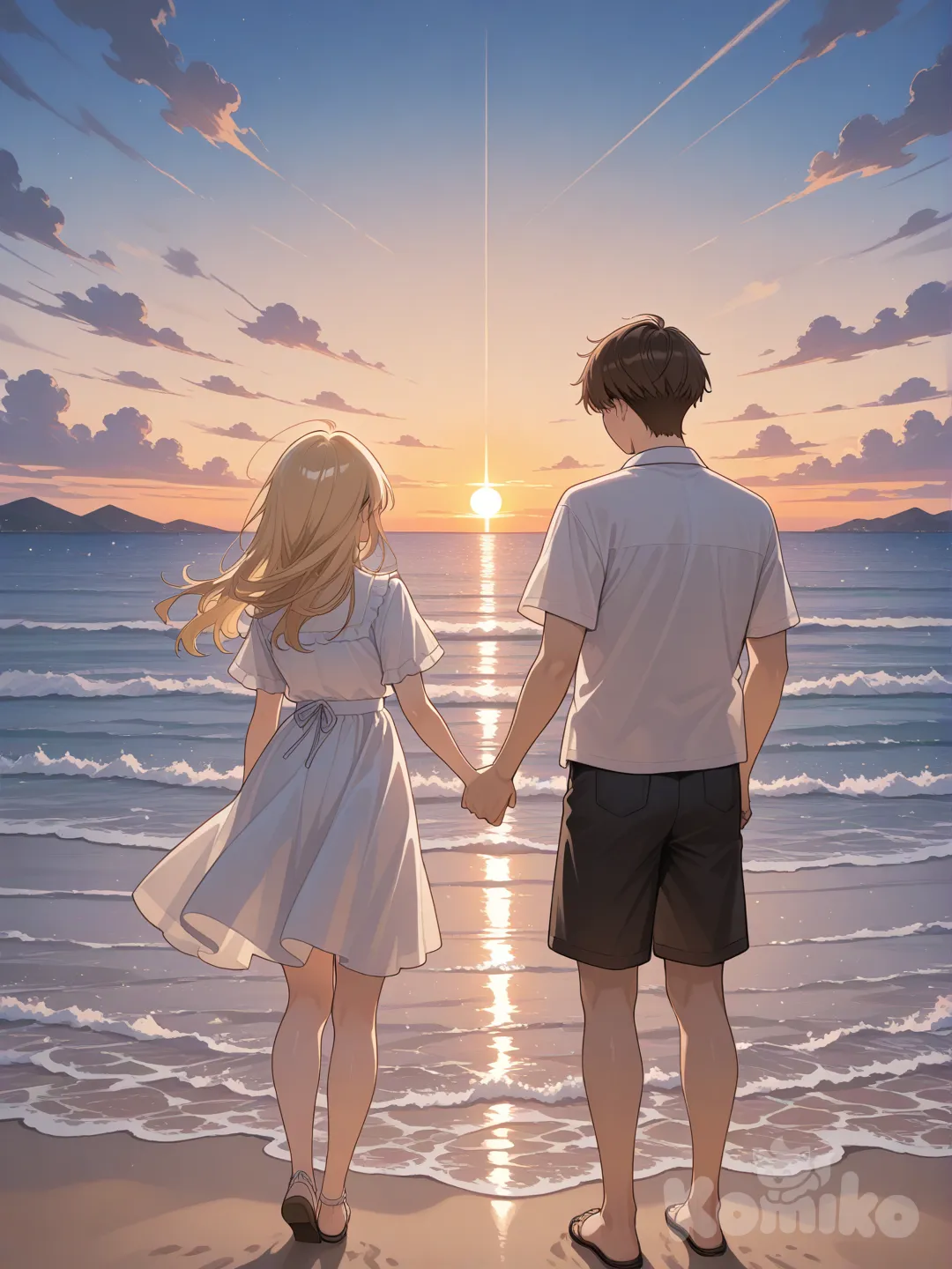 1boy, 1girl, 2people, sunset, holding hands, blonde hair, brown hair, beach