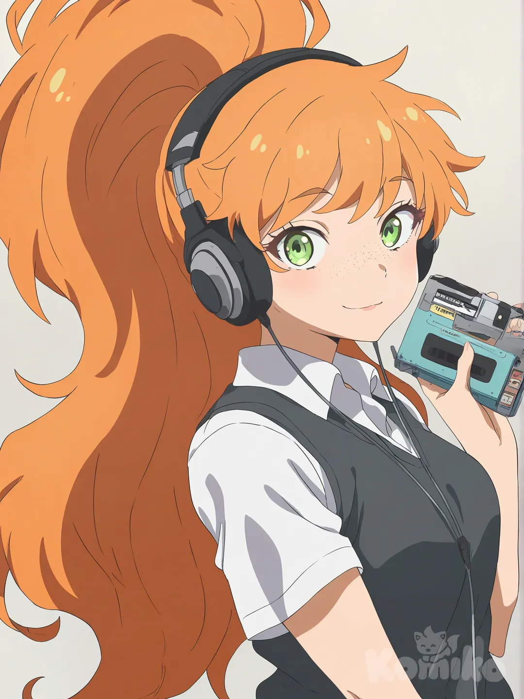 1girl, orange hair, freckles, long hair, high ponytail, headphones, walkman, [bright-anime-style]