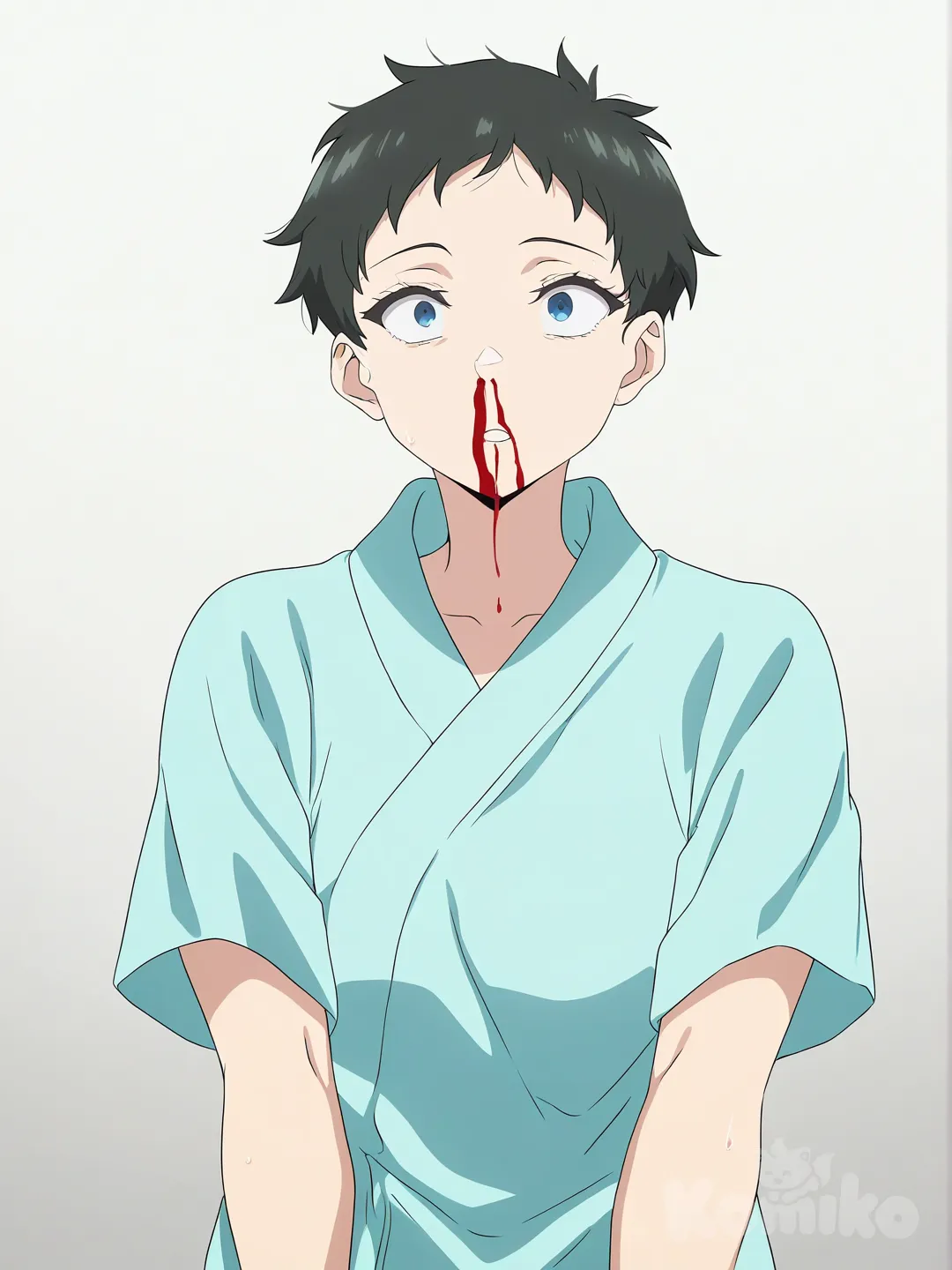 1girl, very short hair, bloody nose, patient uniform, [bright-anime-style]