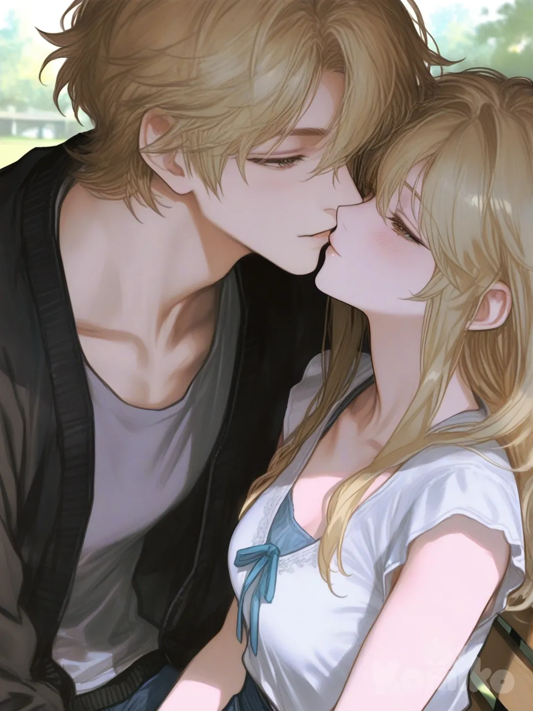 1boy, 1girl, 2people, kissing, blonde hair, blonde hair, [semi-realistic-portrait-style], sitting on bench