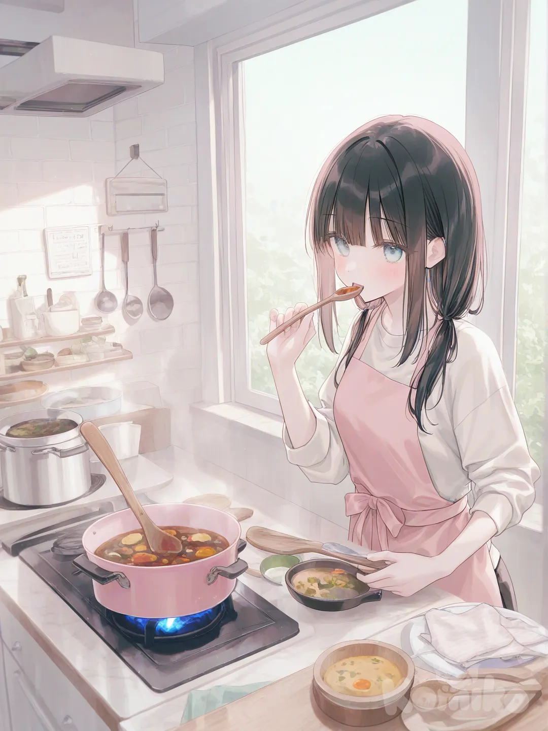 1girl, kitchen, pot of stew on the stove in front of her, tasting the soup, big wooden spoon in hand, cooking supplies scattered around the kitchen, [soft-pastel-style] , light shining on her through window
